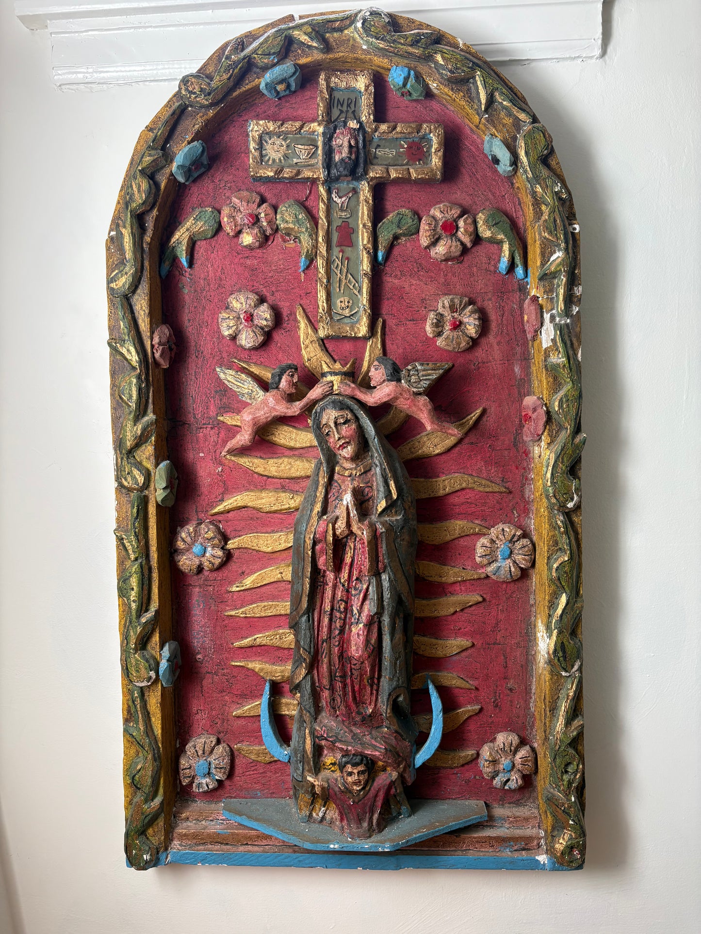 Massive Vintage Plaster Folk Art Our Lady of Guadalupe Santos Shrine