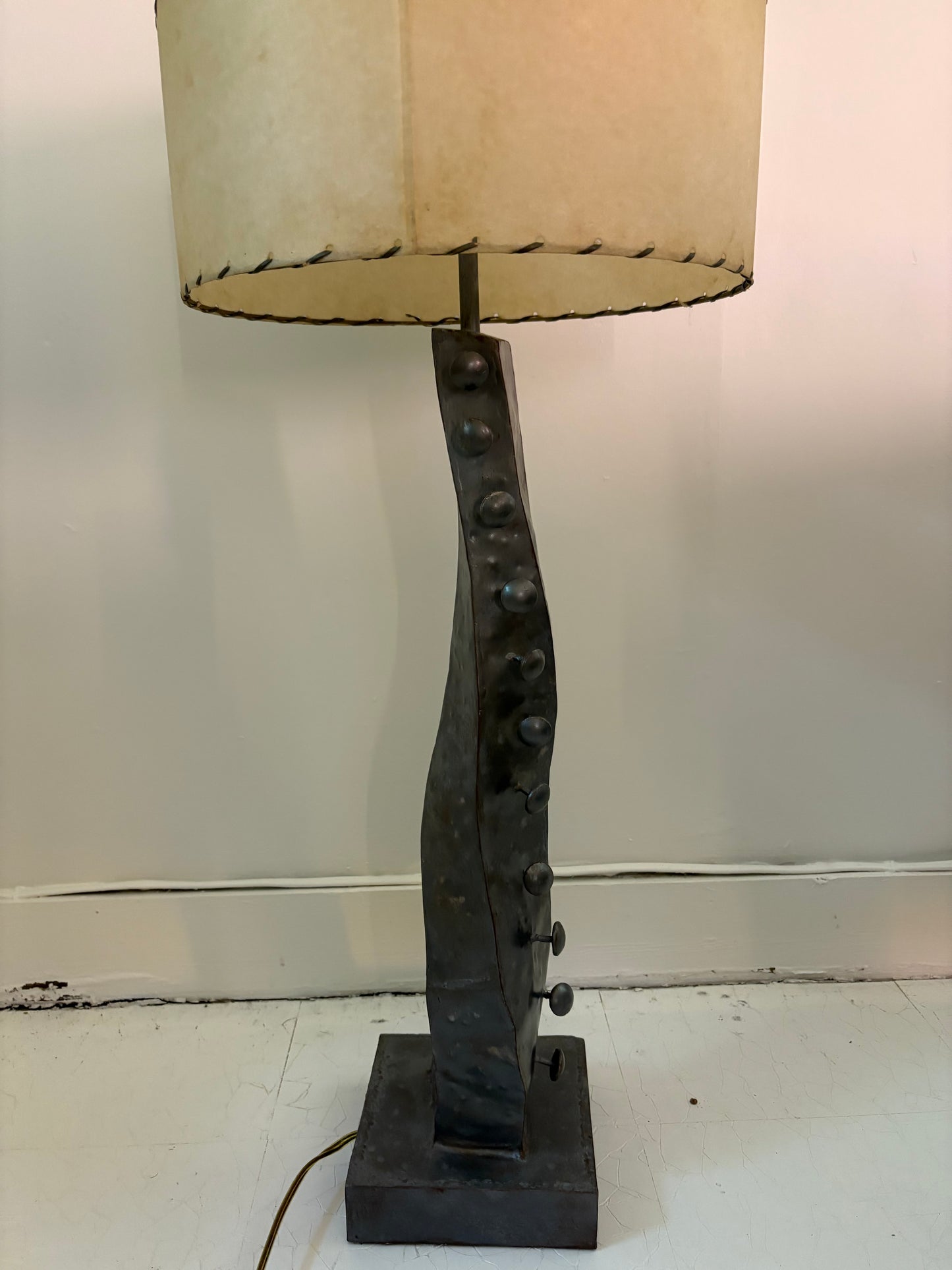 Modernist Hammered Metal Lamp with 1950s Shade (FREE SHIPPING)