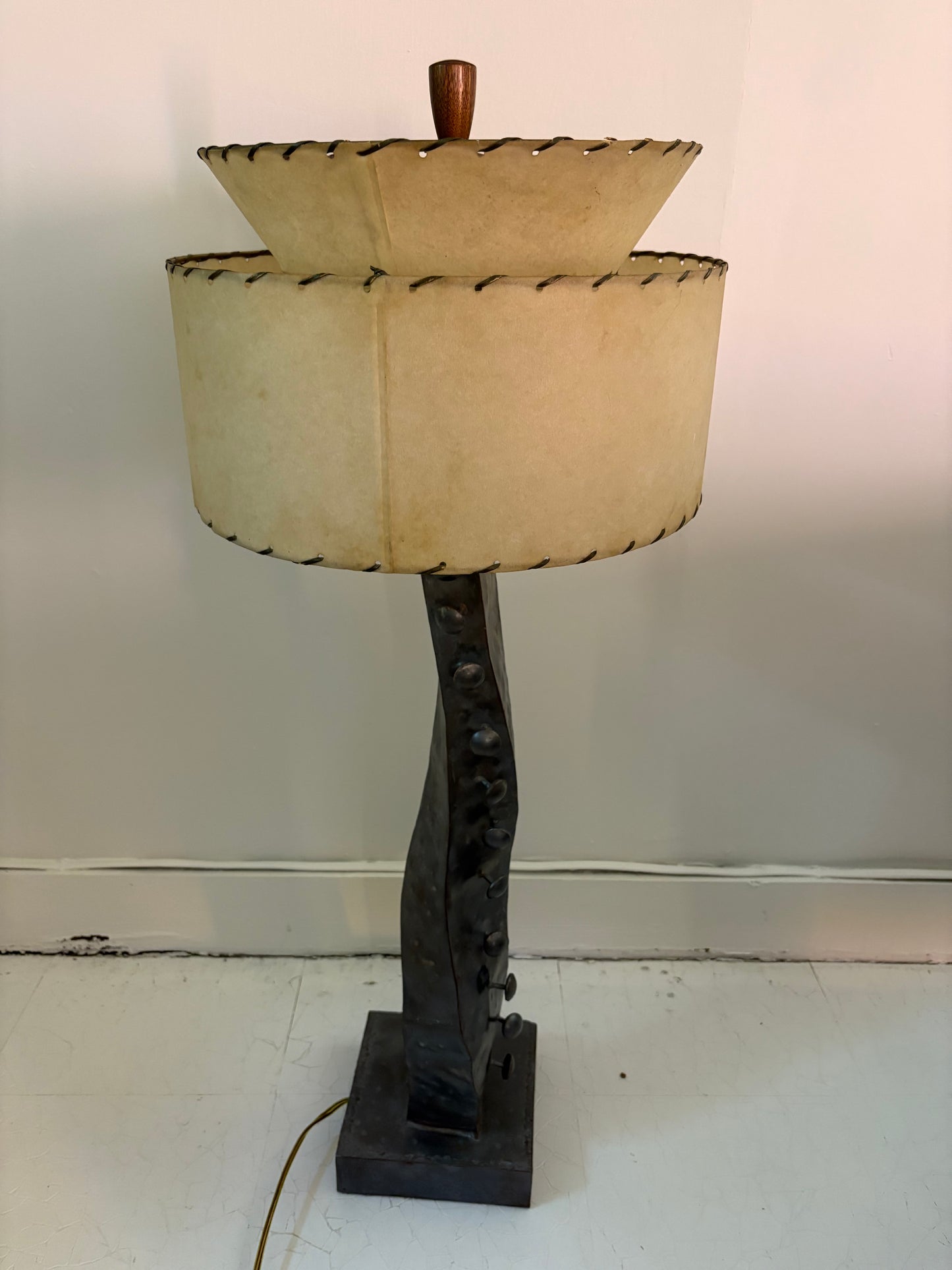 Modernist Hammered Metal Lamp with 1950s Shade (FREE SHIPPING)