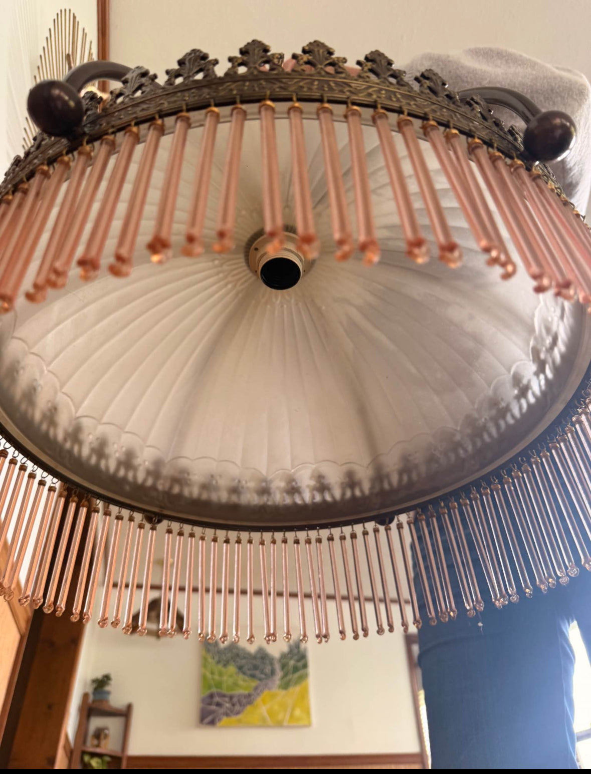1920s/30s Frosted Glass Dome Chandelier with Brass Crown Detailing and Pink Blown Glass Beads (FREE SHIPPING)