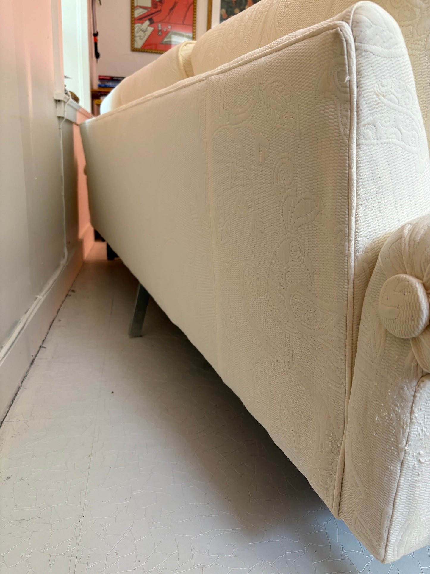 1960s Chrome Couch Covered in Quilted White Fabric