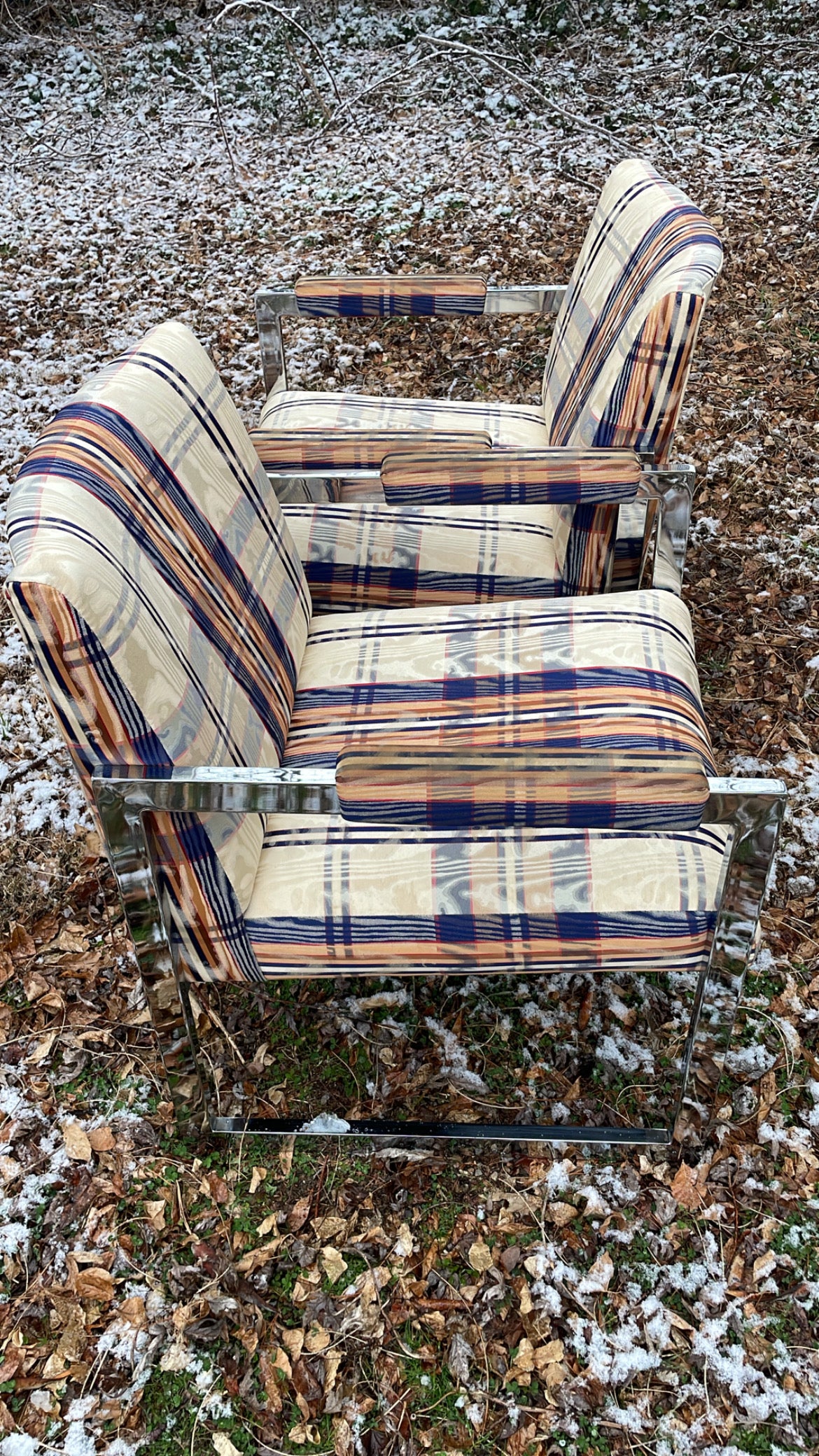 Pair of 1970s Chrome Armchairs with Original Moire Fabric