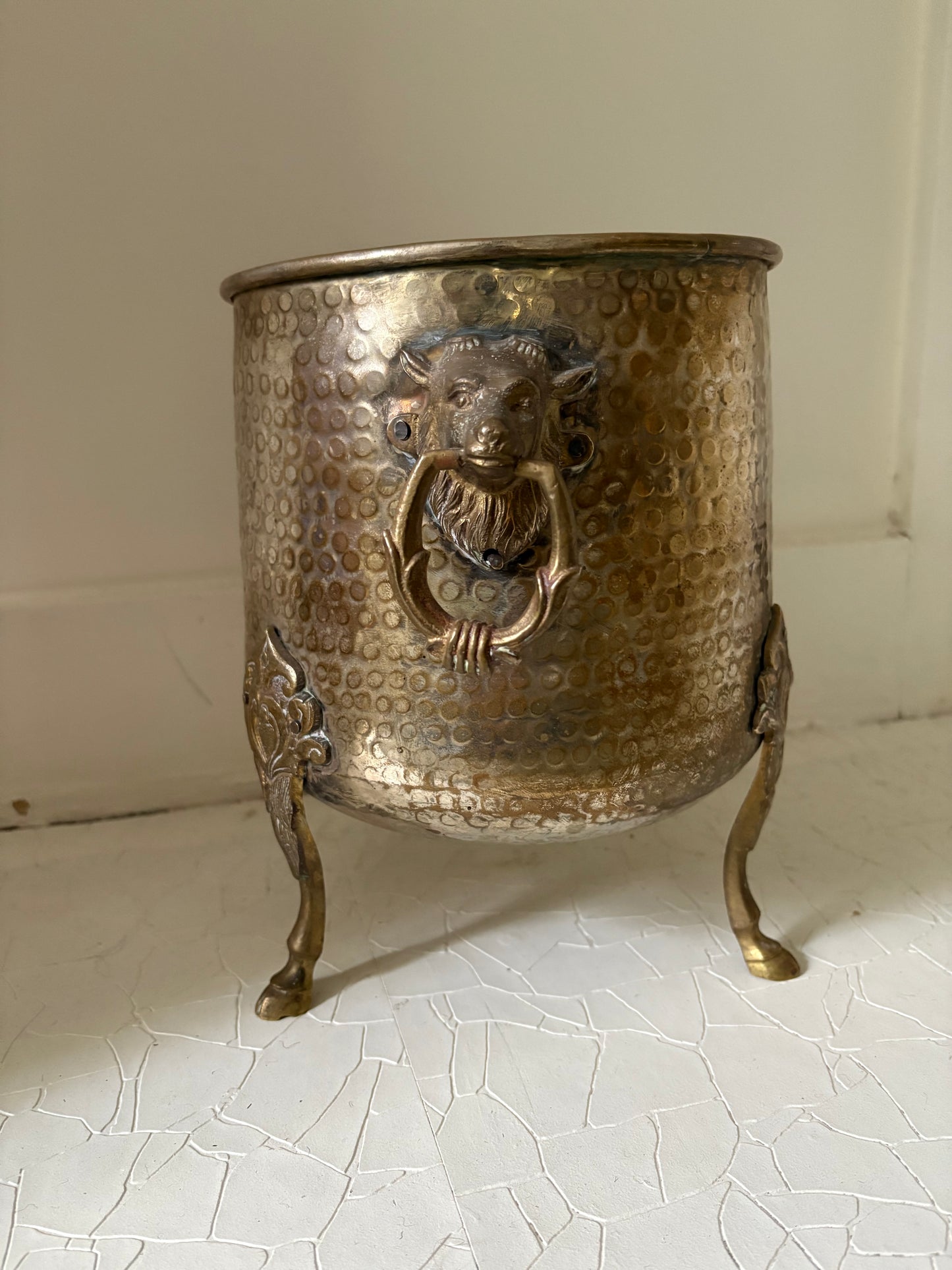 Rare Hammered Brass Stag Champagne Bucket or Planter (FREE SHIPPING)