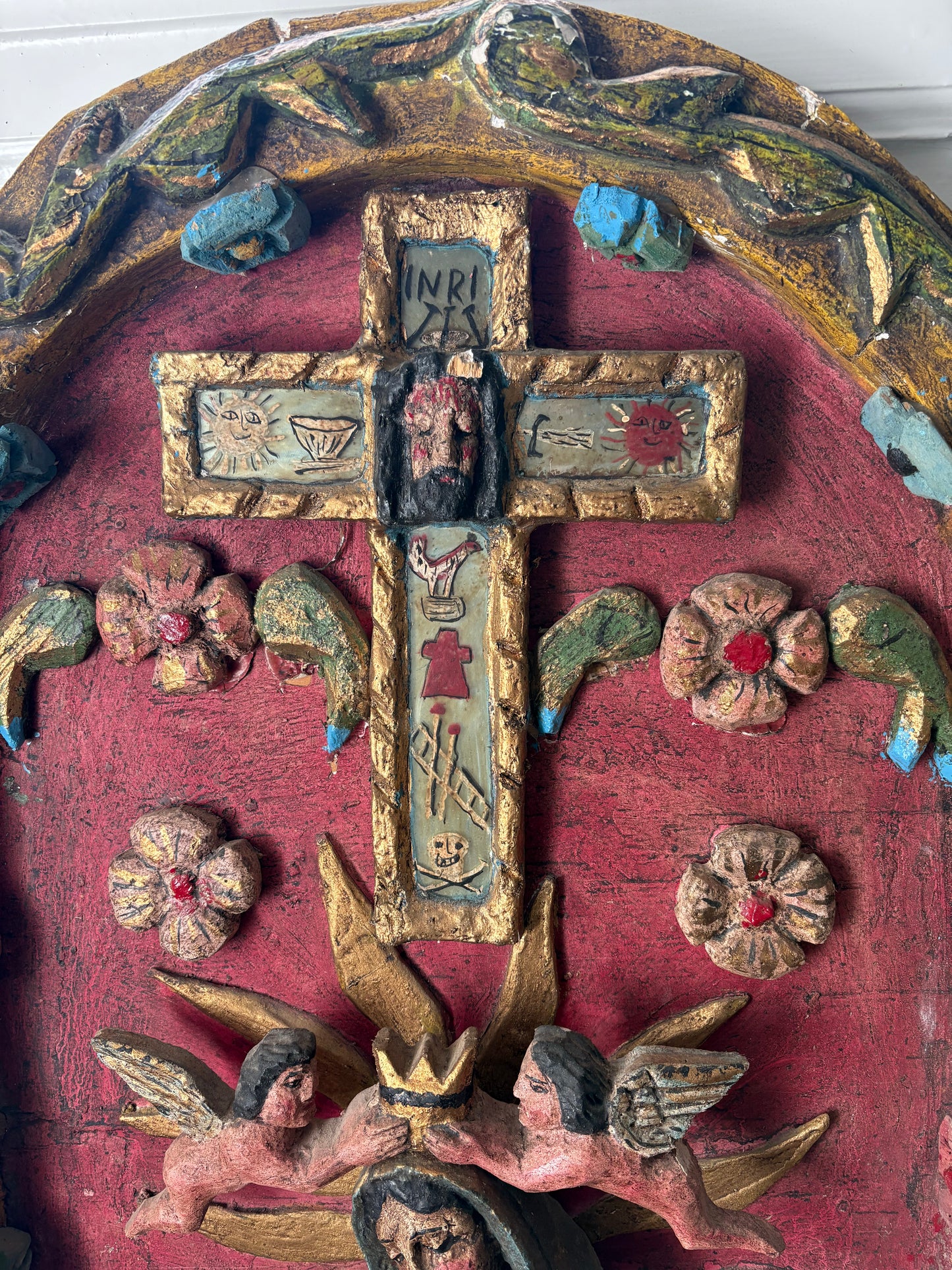 Massive Vintage Plaster Folk Art Our Lady of Guadalupe Santos Shrine