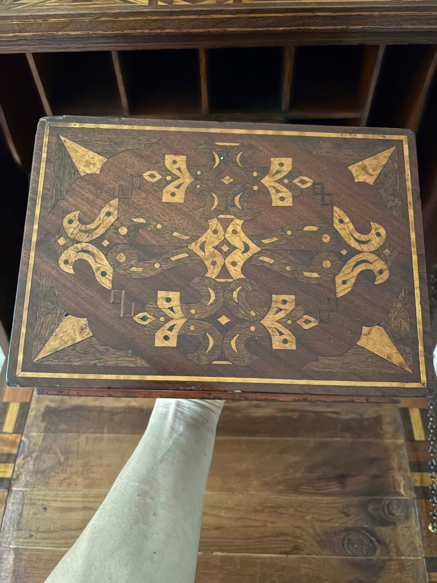 Antique American Marquetry Desk, Chair and Inner Box