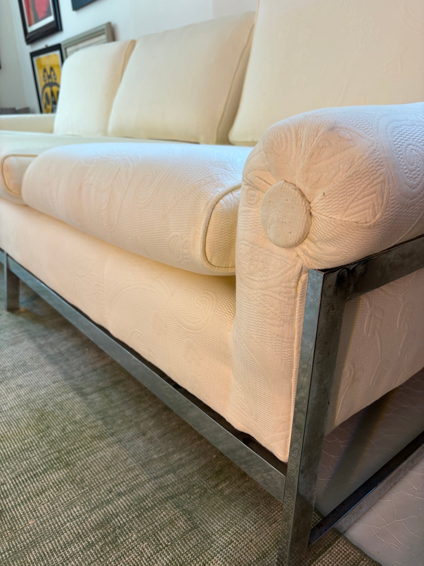 1960s Chrome Couch Covered in Quilted White Fabric