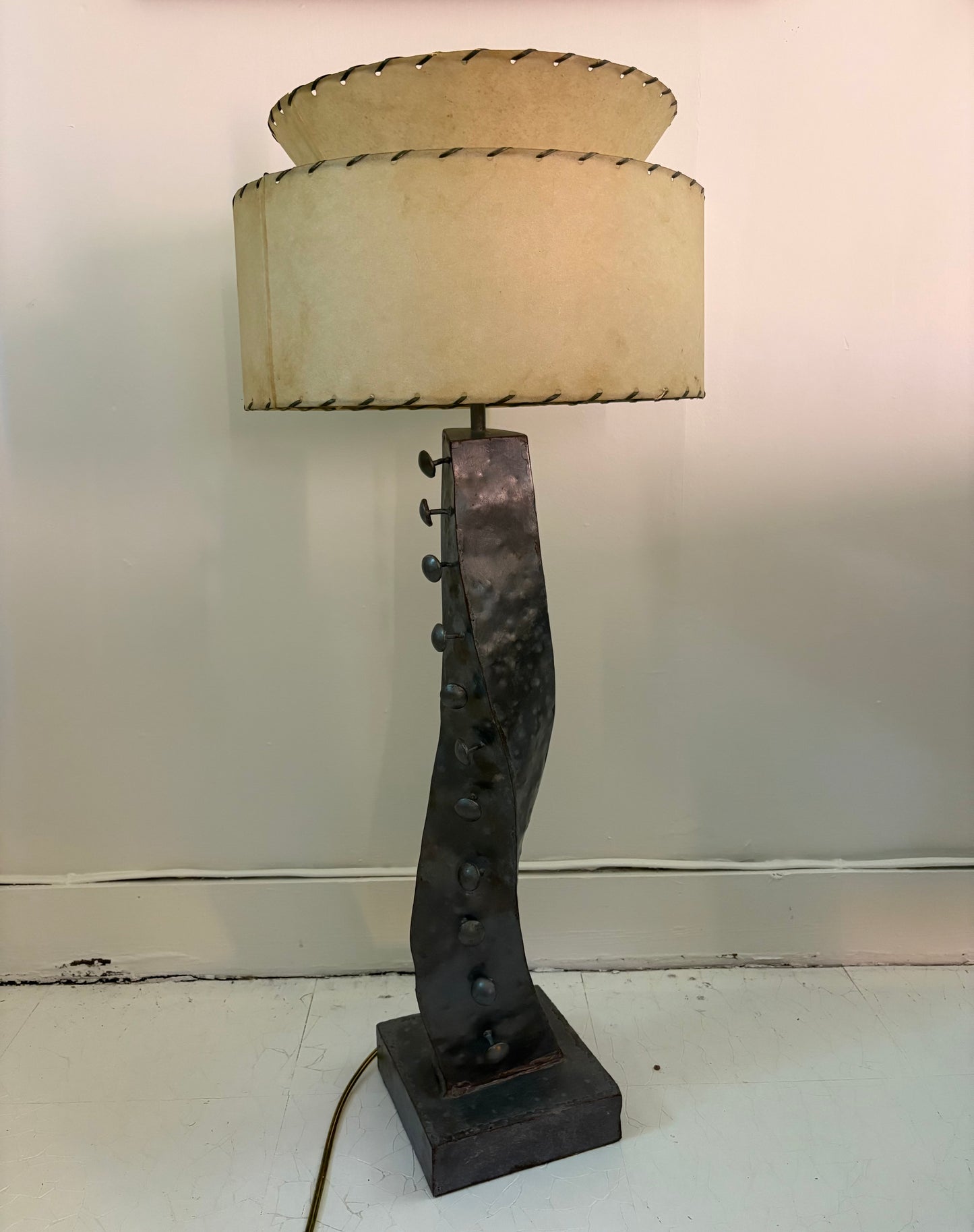 Modernist Hammered Metal Lamp with 1950s Shade (FREE SHIPPING)