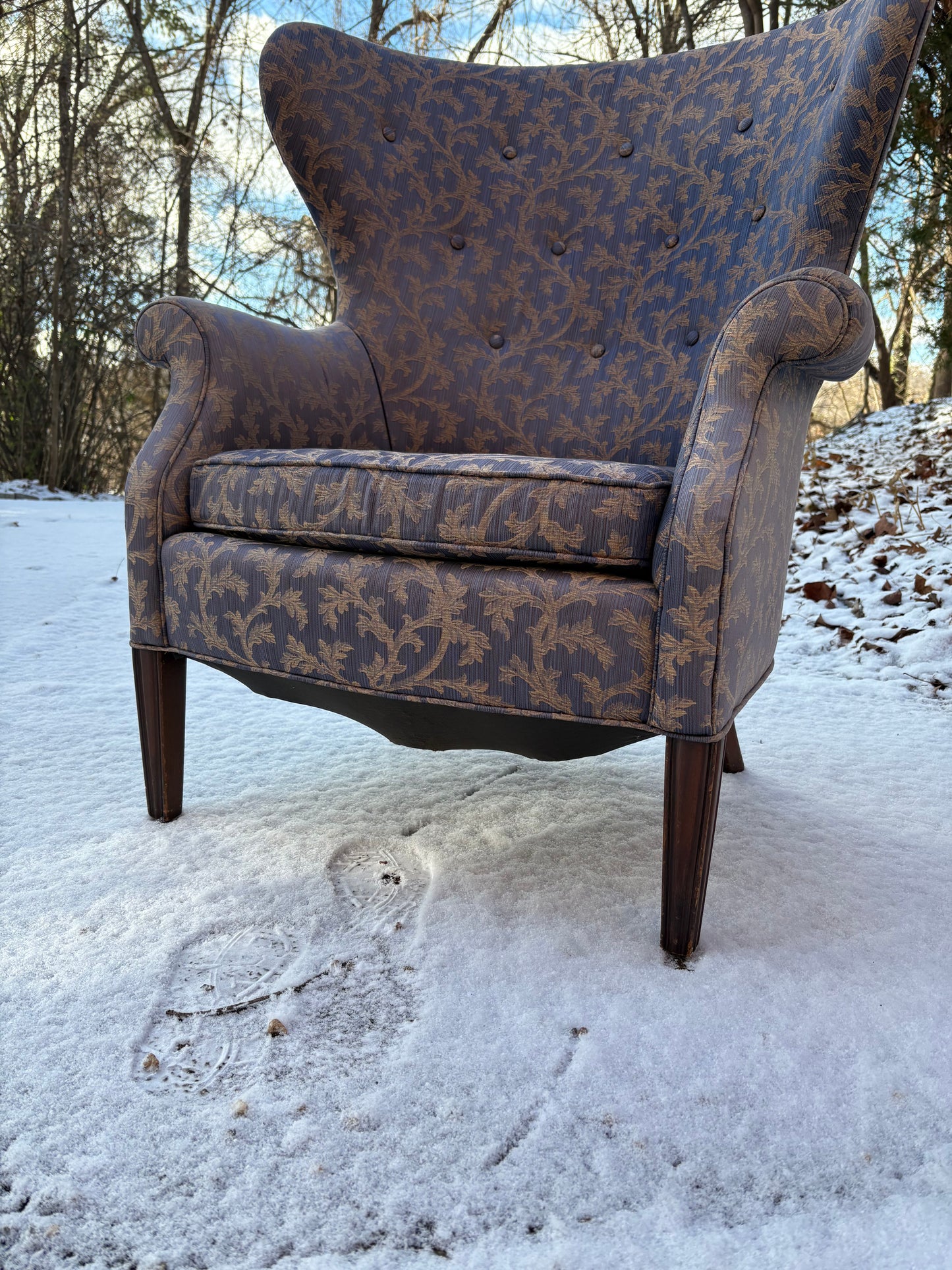 1960s Butterfly Wingback Chair Upholstered in Periwinkle Silk Fabric