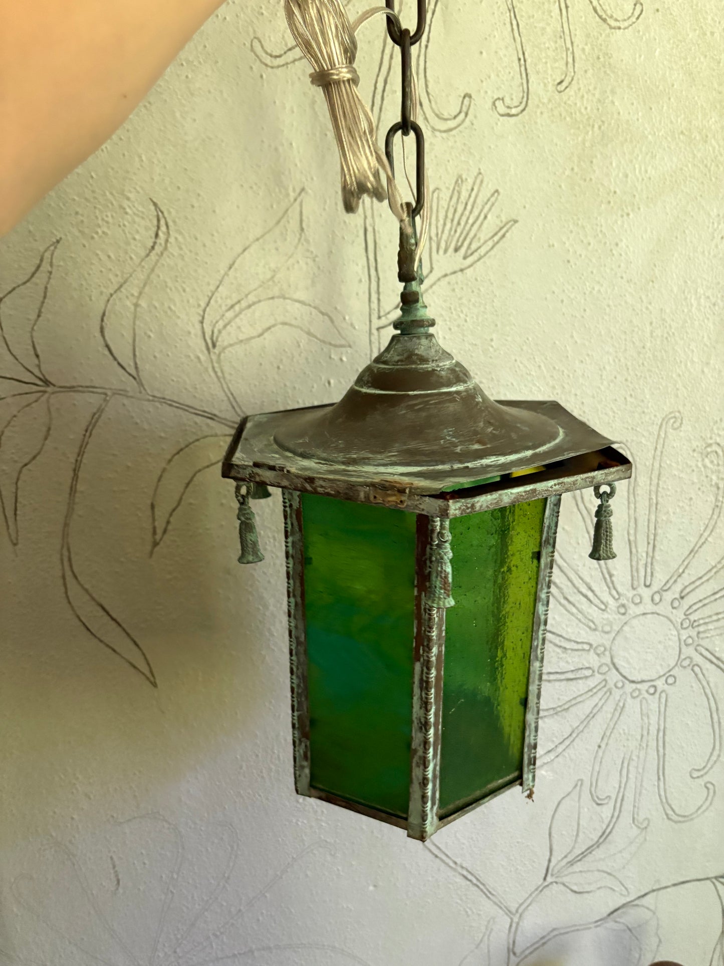 1930s Copper and Glass Pagoda Lantern with Tassels (FREE SHIPPING)