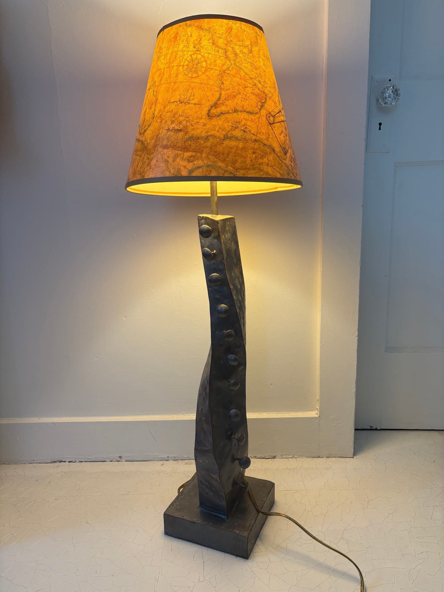 Modernist Hammered Metal Lamp with 1960s World Map Shade (FREE SHIPPING)