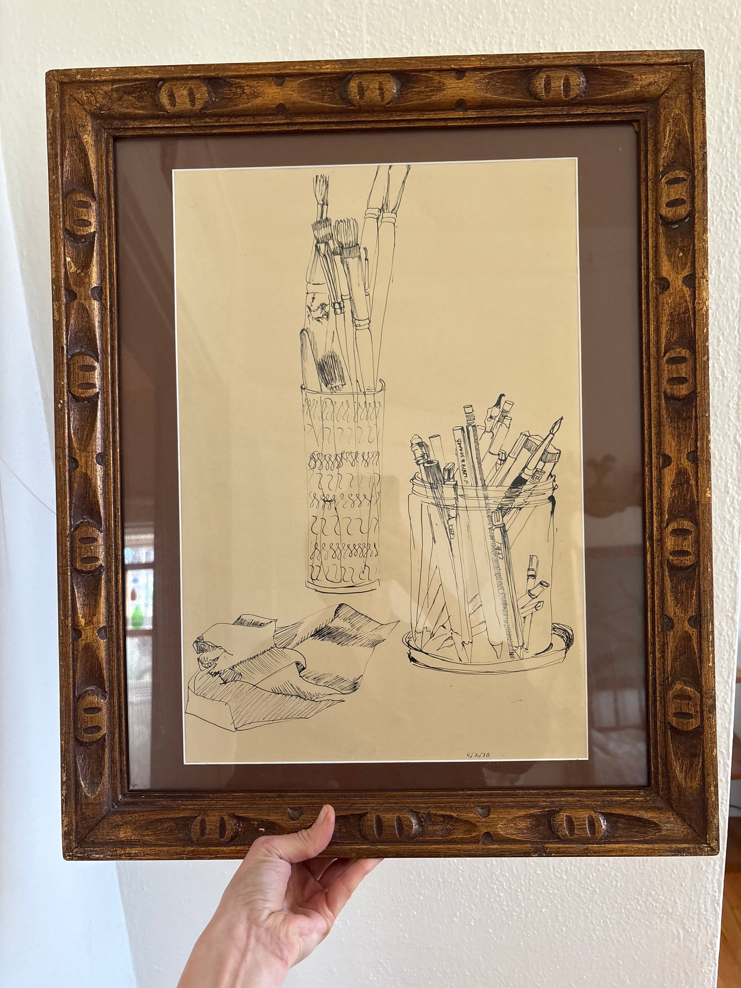 Ink Drawing of Artist Items in Vintage Frame (FREE SHIPPING)
