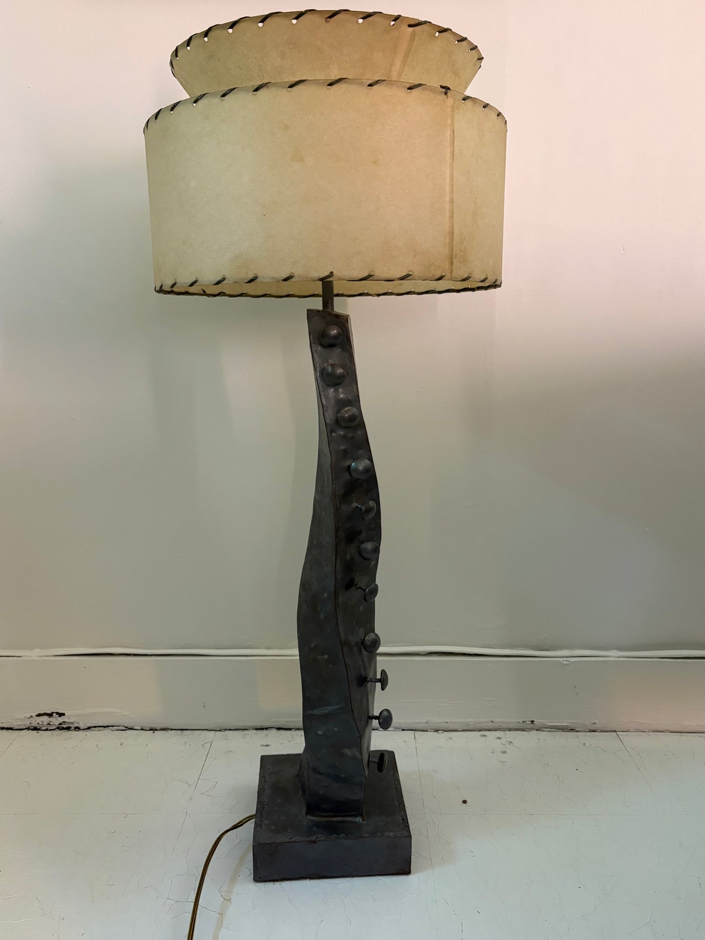 Modernist Hammered Metal Lamp with 1950s Shade (FREE SHIPPING)