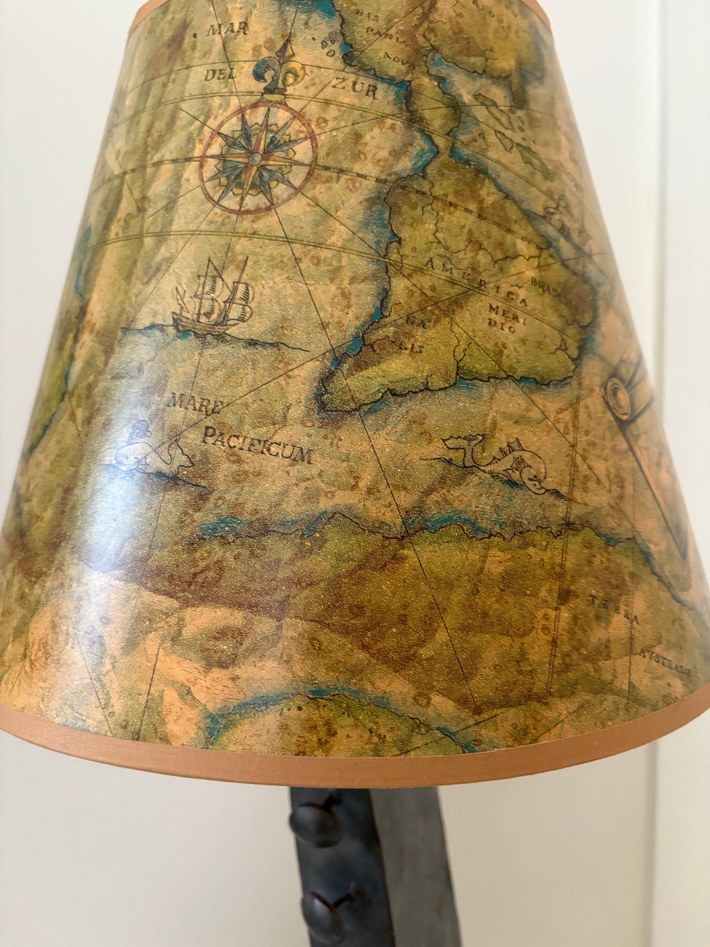 Modernist Hammered Metal Lamp with 1960s World Map Shade (FREE SHIPPING)