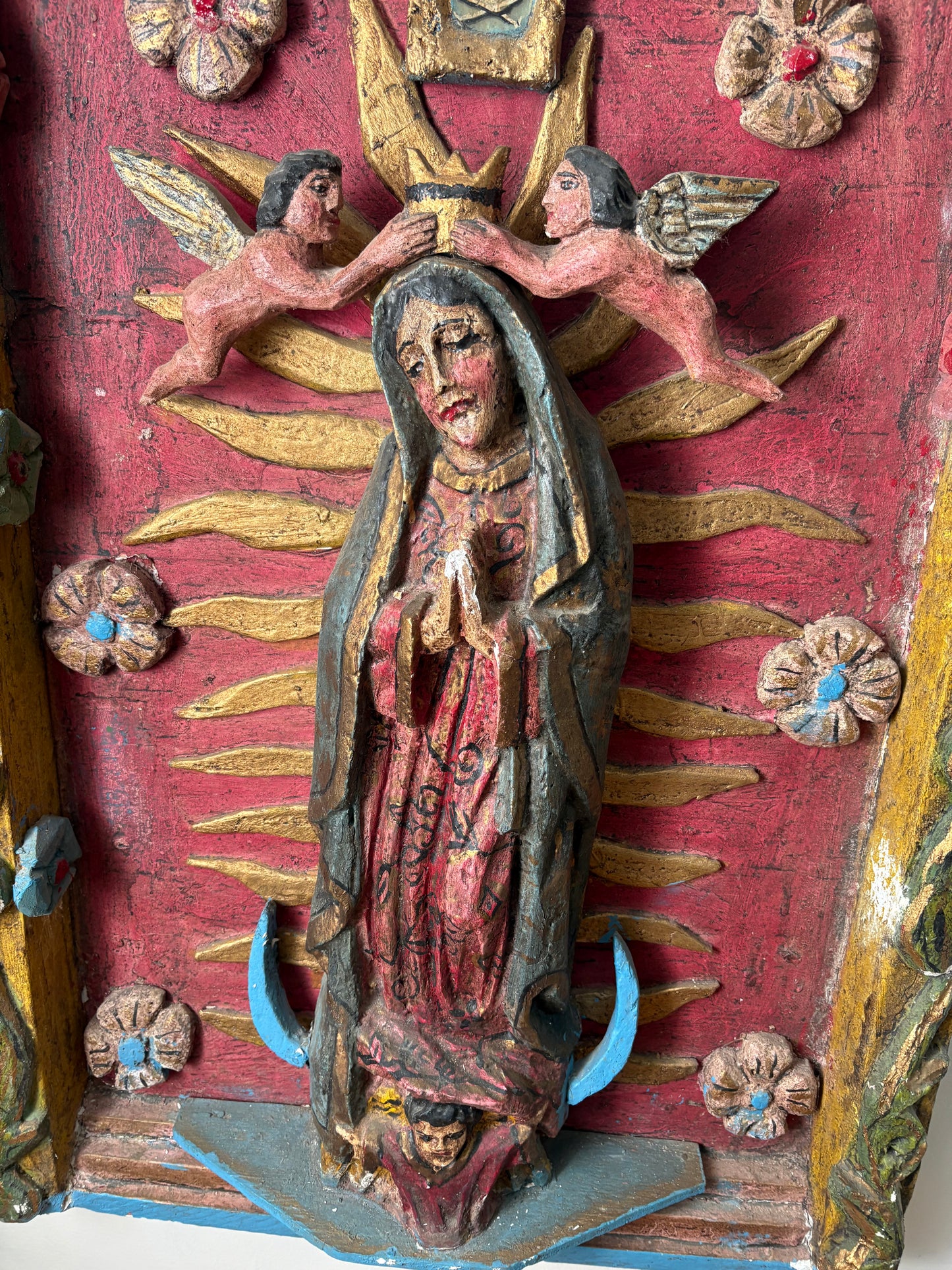 Massive Vintage Plaster Folk Art Our Lady of Guadalupe Santos Shrine