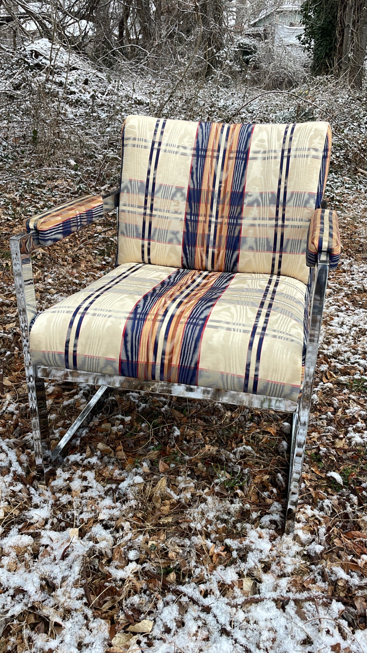 Pair of 1970s Chrome Armchairs with Original Moire Fabric