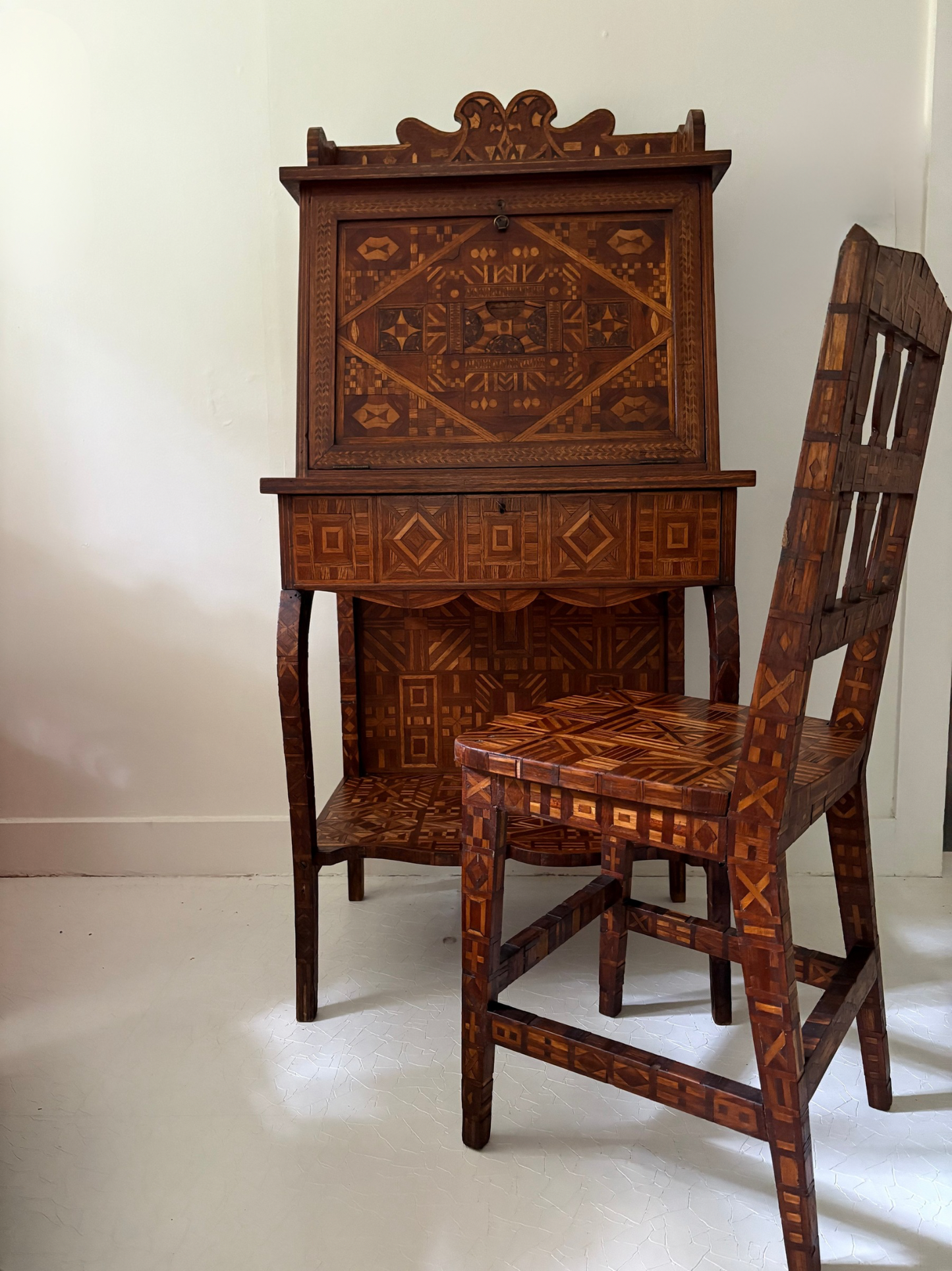 Antique American Marquetry Desk, Chair and Inner Box