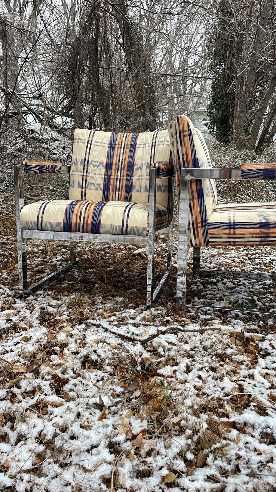 Pair of 1970s Chrome Armchairs with Original Moire Fabric