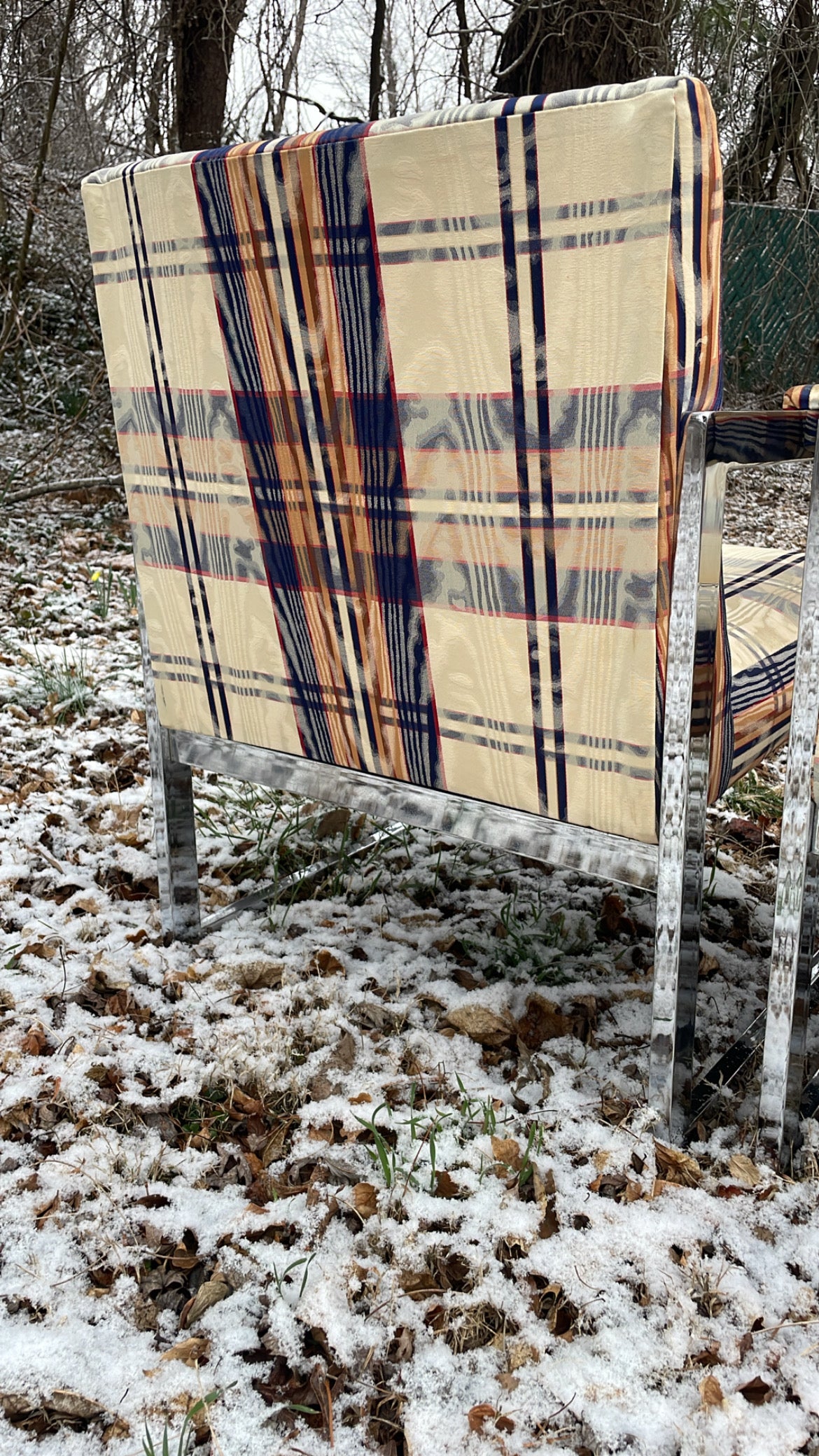 Pair of 1970s Chrome Armchairs with Original Moire Fabric