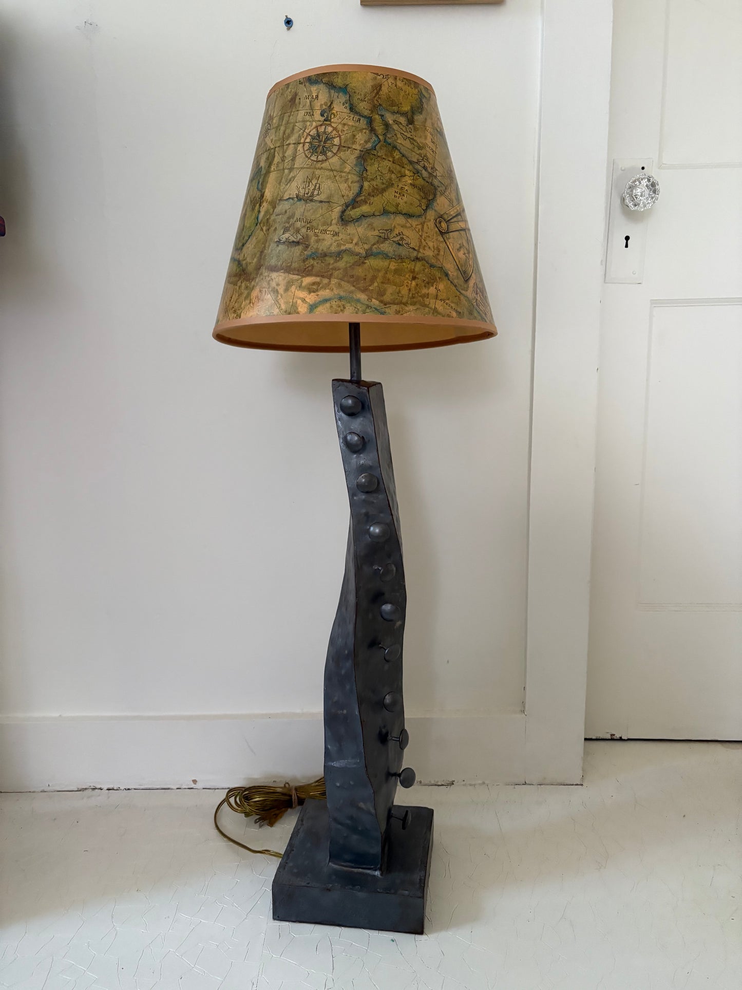 Modernist Hammered Metal Lamp with 1960s World Map Shade (FREE SHIPPING)