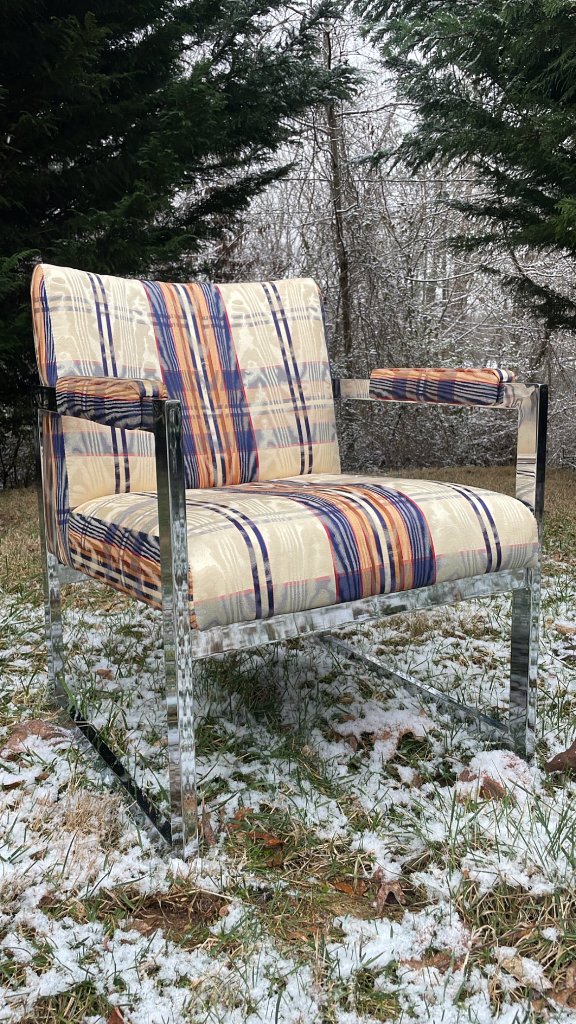 Pair of 1970s Chrome Armchairs with Original Moire Fabric