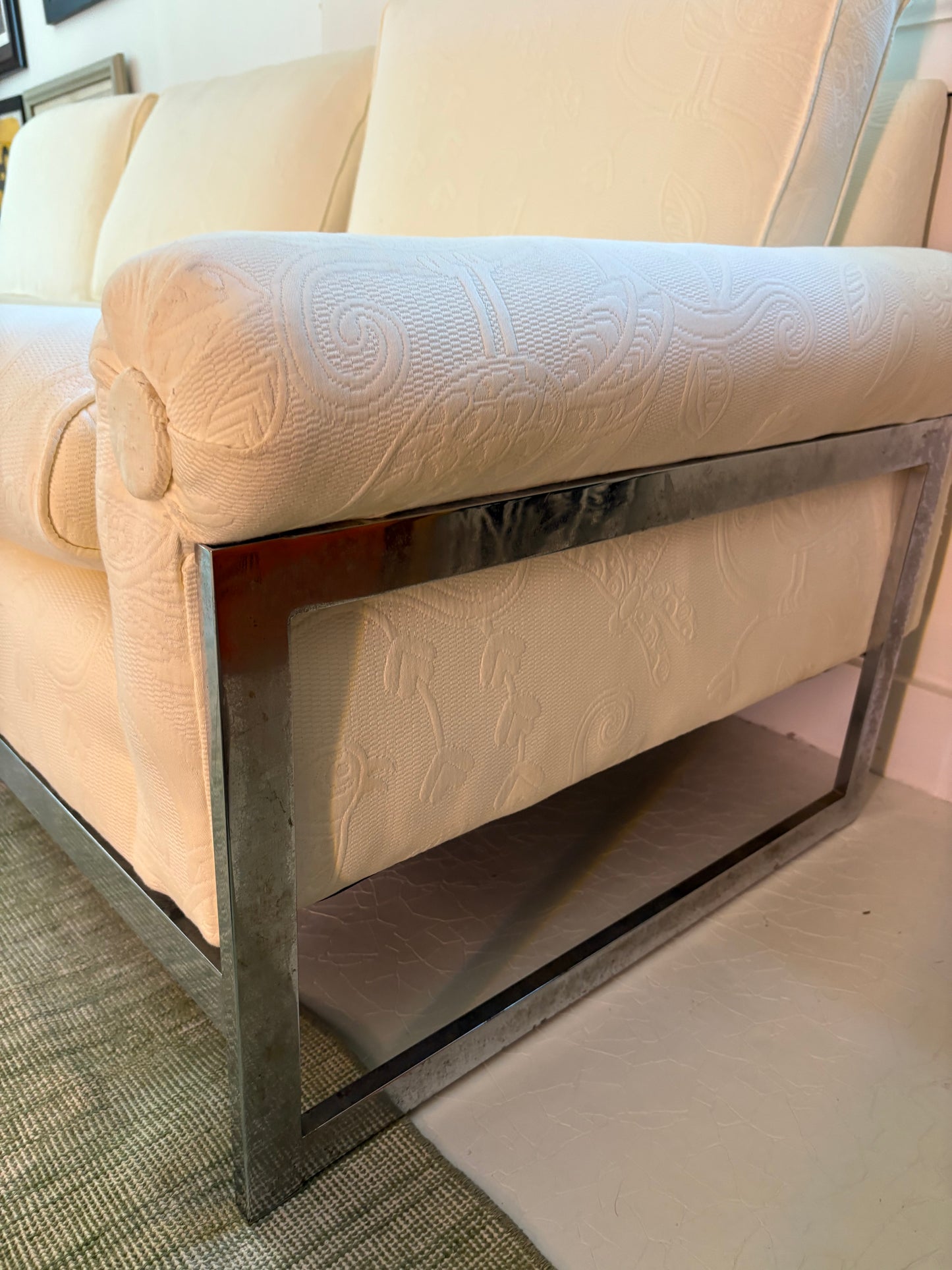 1960s Chrome Couch Covered in Quilted White Fabric