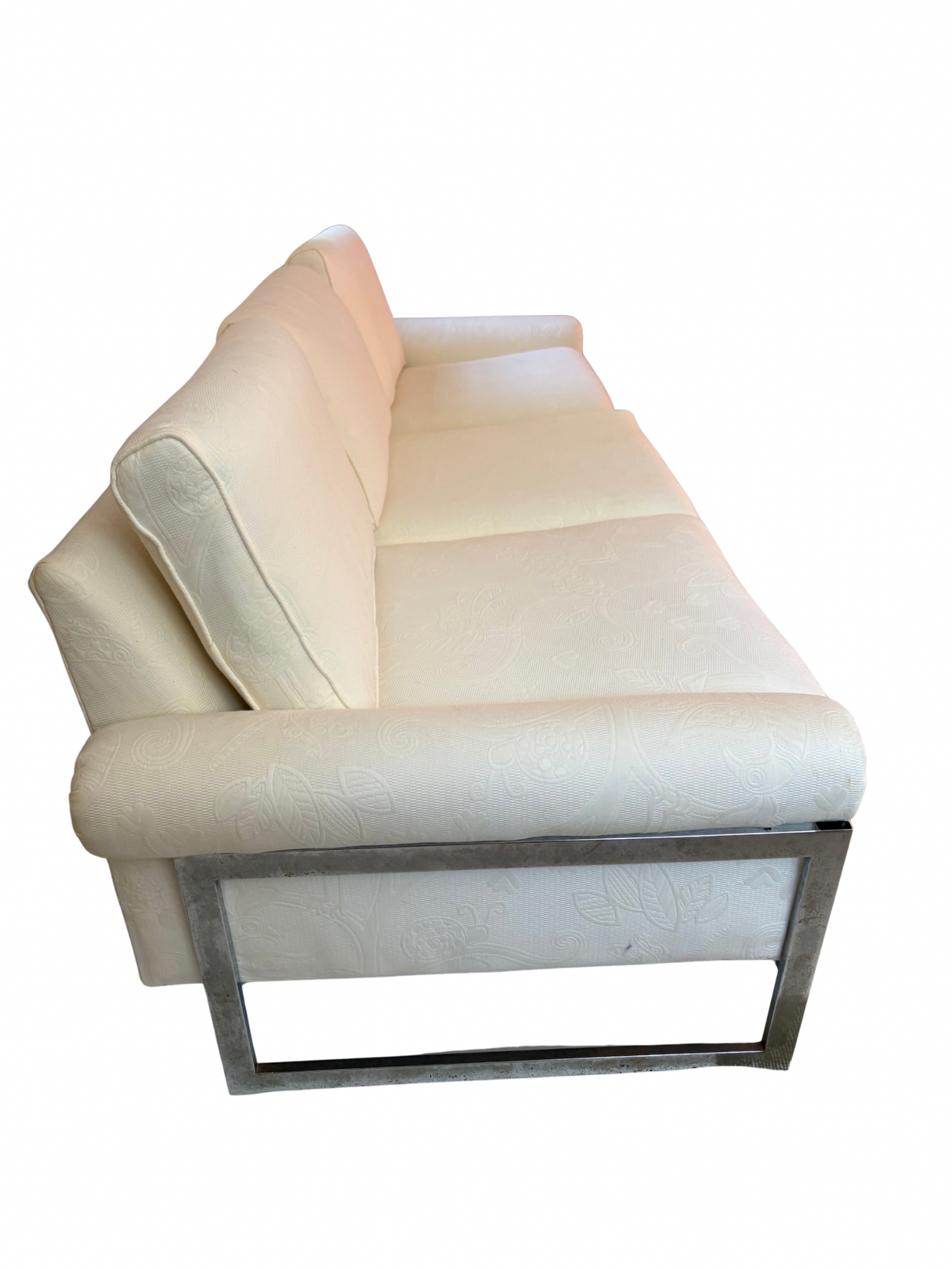 1960s Chrome Couch Covered in Quilted White Fabric