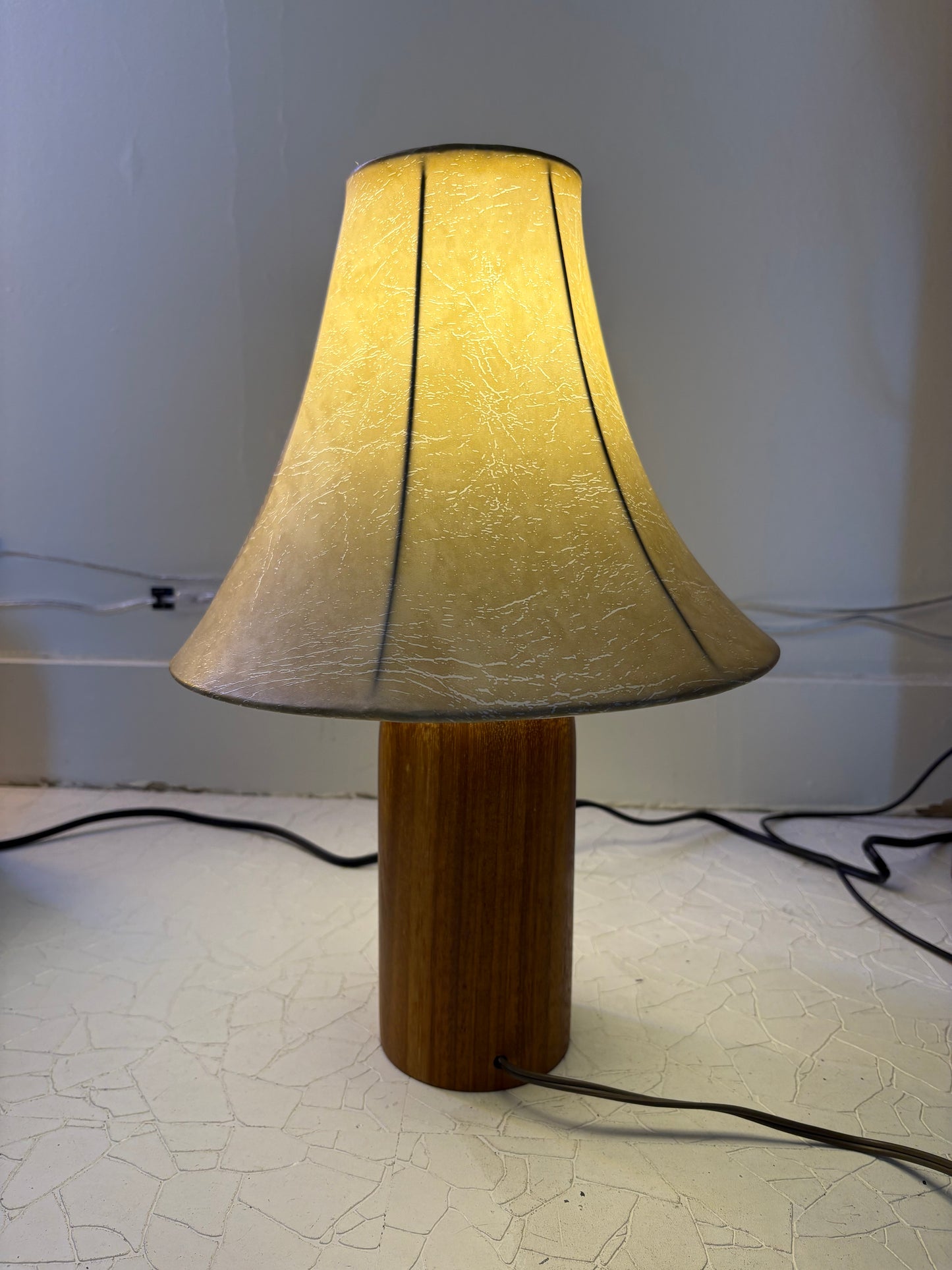 Pair of Mid Century Turned Teak Lamps with Original Shades (FREE SHIPPING)