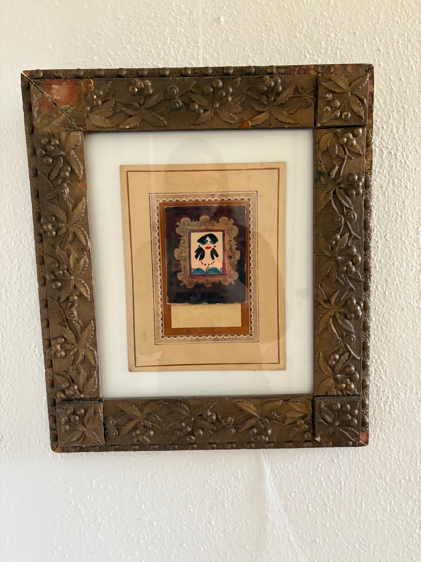 Miniature Watercolor Portrait in Floating Mats and Antique Frame (FREE SHIPPING)