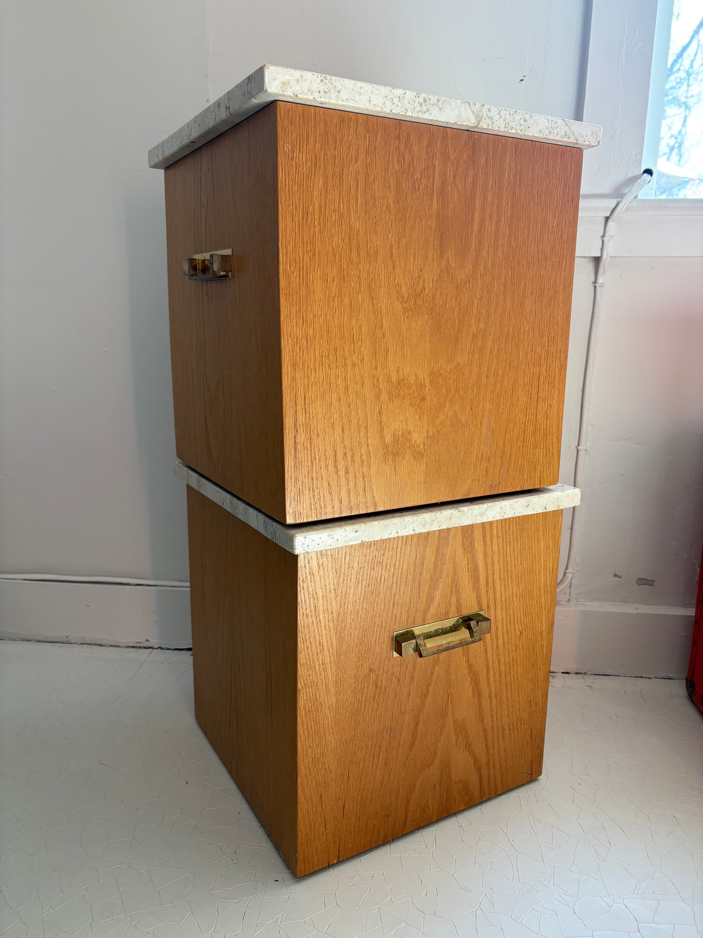 Pair of 1970s Wood and Travertine End Tables
