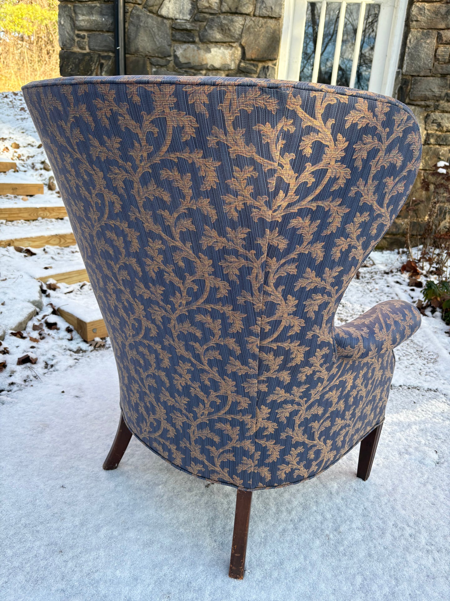 1960s Butterfly Wingback Chair Upholstered in Periwinkle Silk Fabric