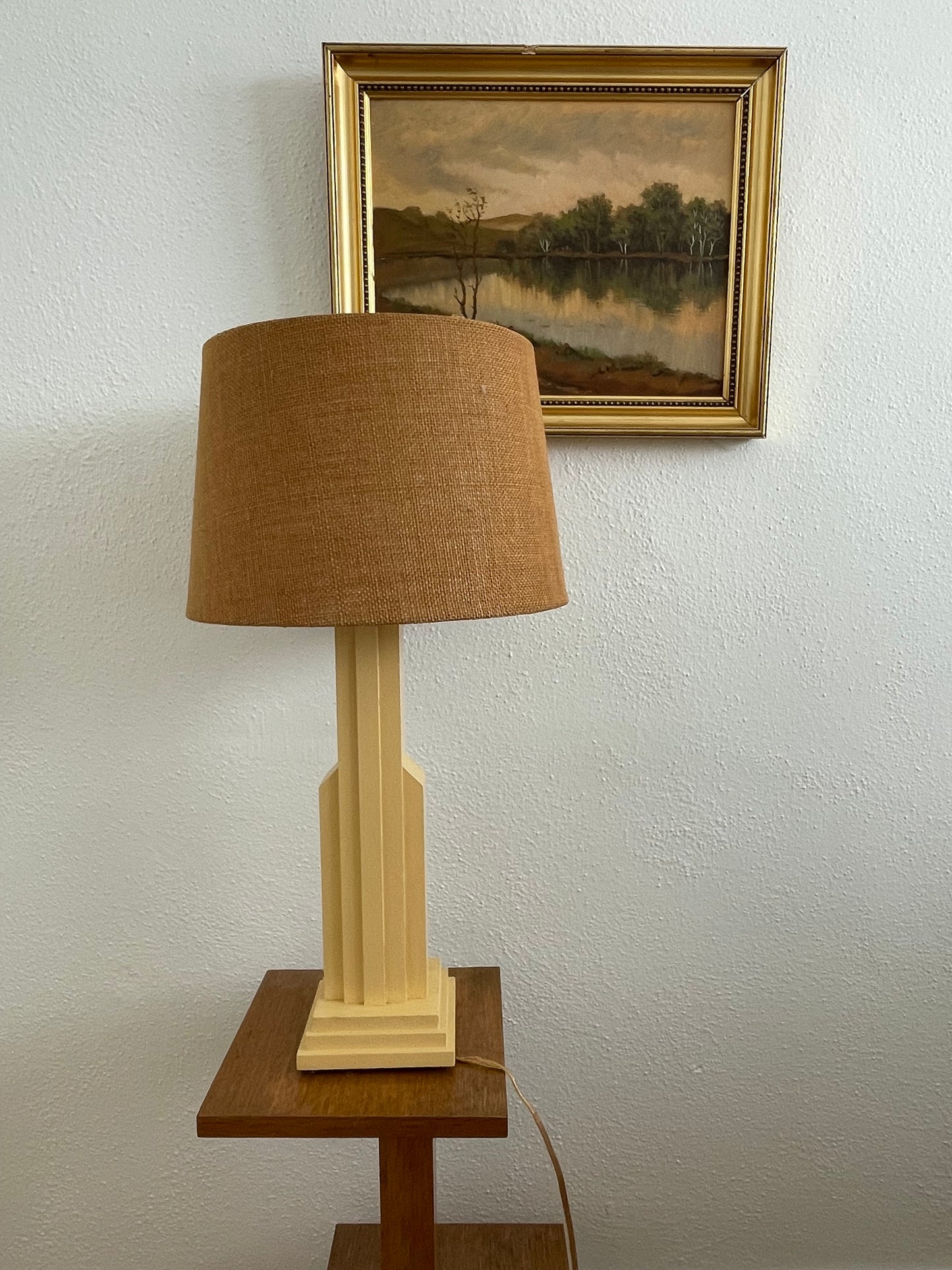 1950s Skyscraper Style Stacked Wood Lamp With Burlap Shade