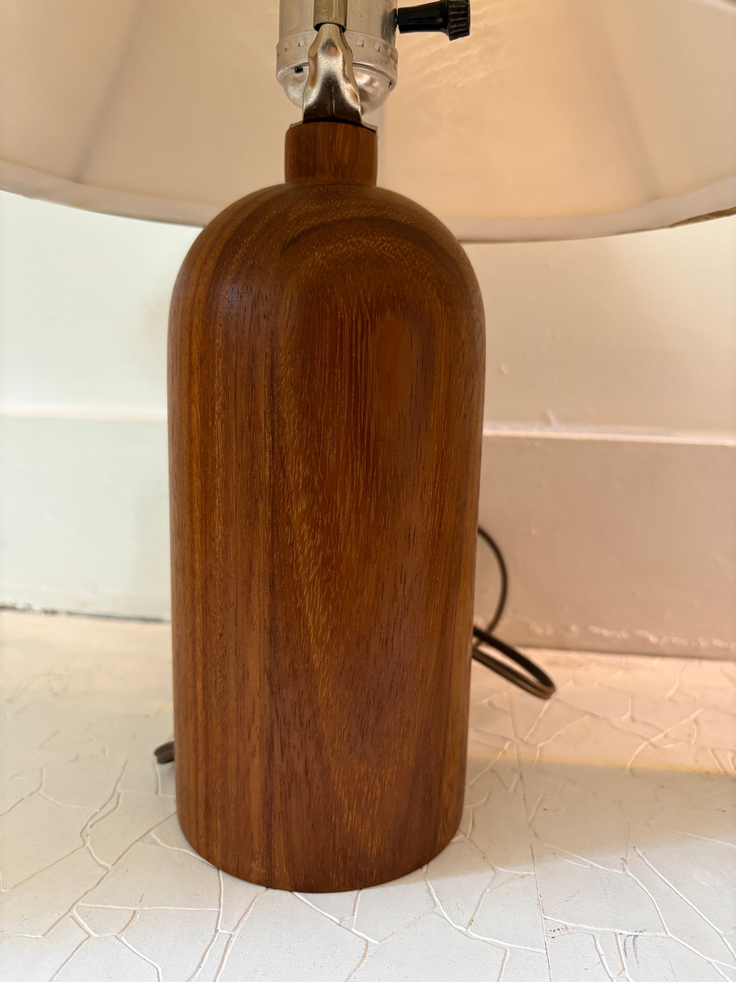 Pair of Mid Century Turned Teak Lamps with Original Shades (FREE SHIPPING)