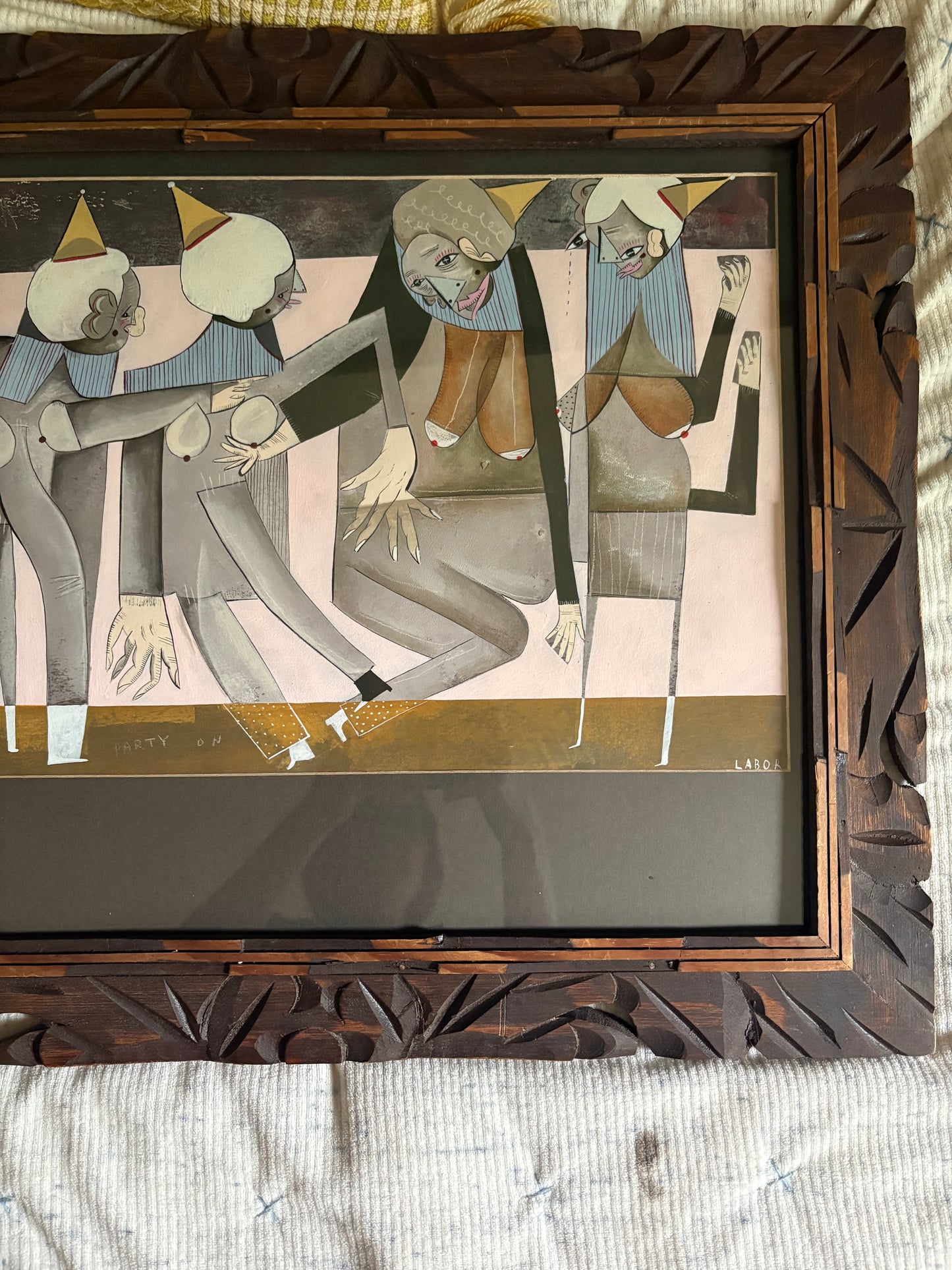 Modern Figurative Mixed Medium Original in Antique Carved Wood Frame (FREE SHIPPING)