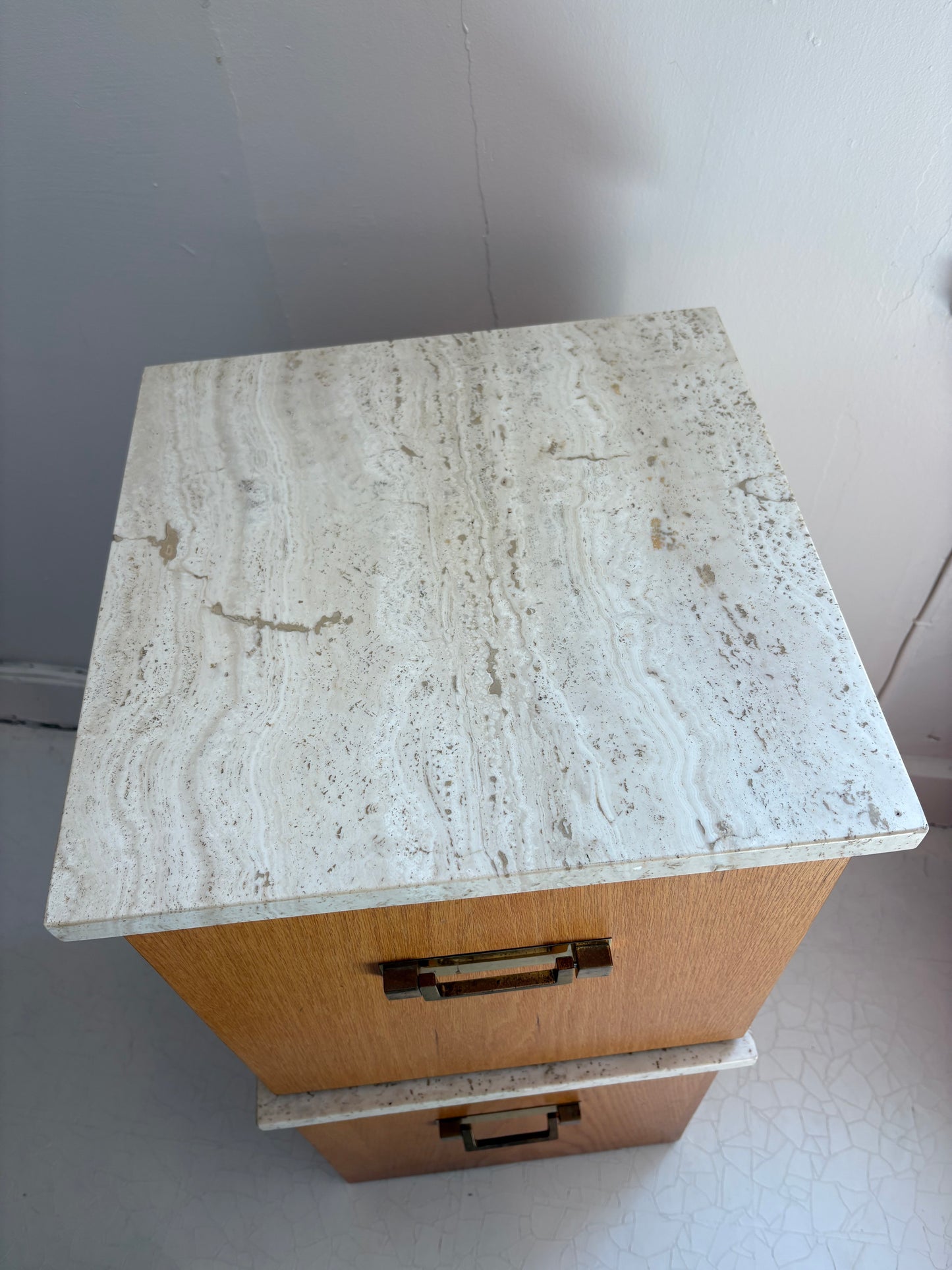 Pair of 1970s Wood and Travertine End Tables