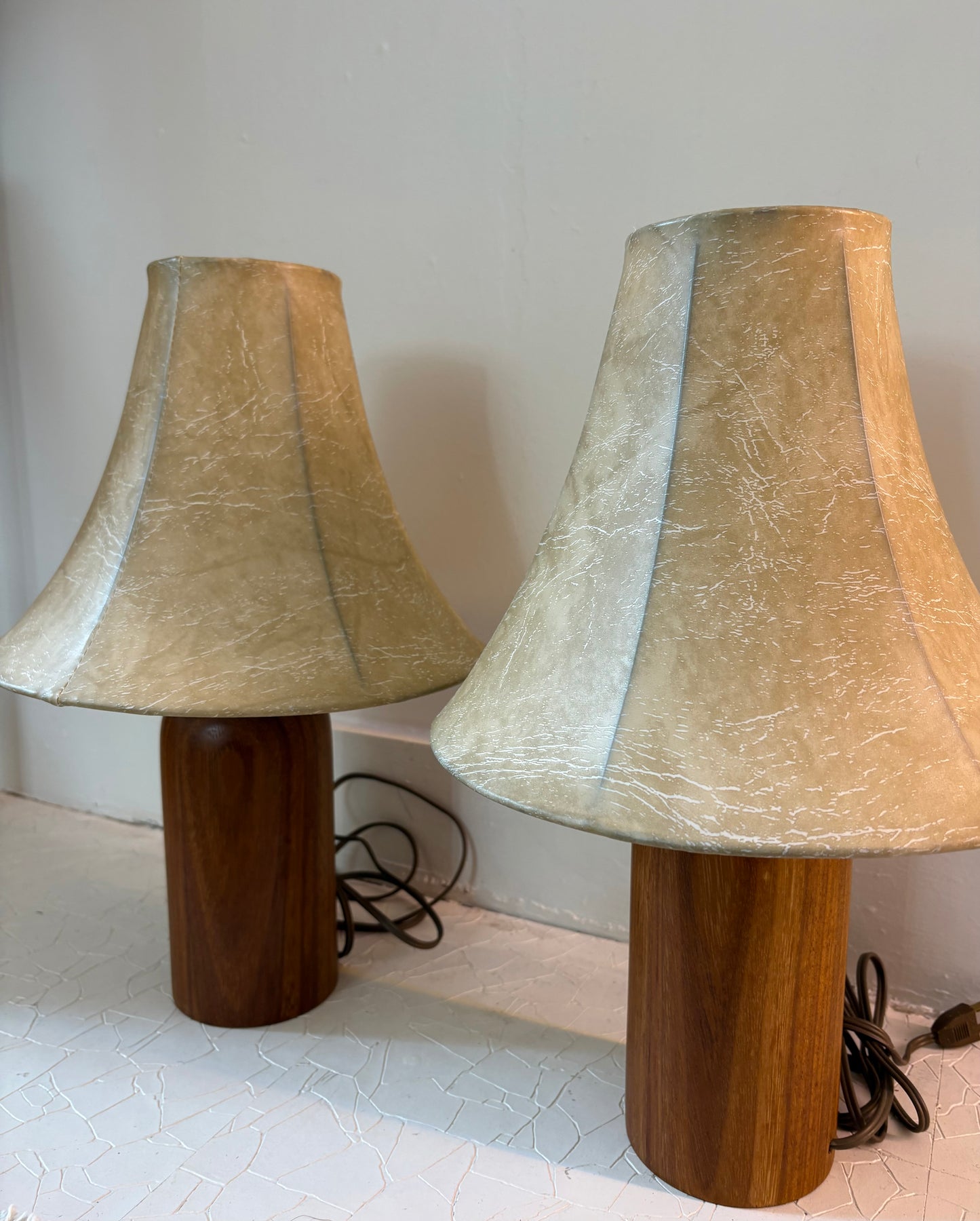 Pair of Mid Century Turned Teak Lamps with Original Shades (FREE SHIPPING)