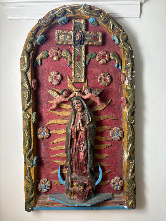 Massive Vintage Plaster Folk Art Our Lady of Guadalupe Santos Shrine