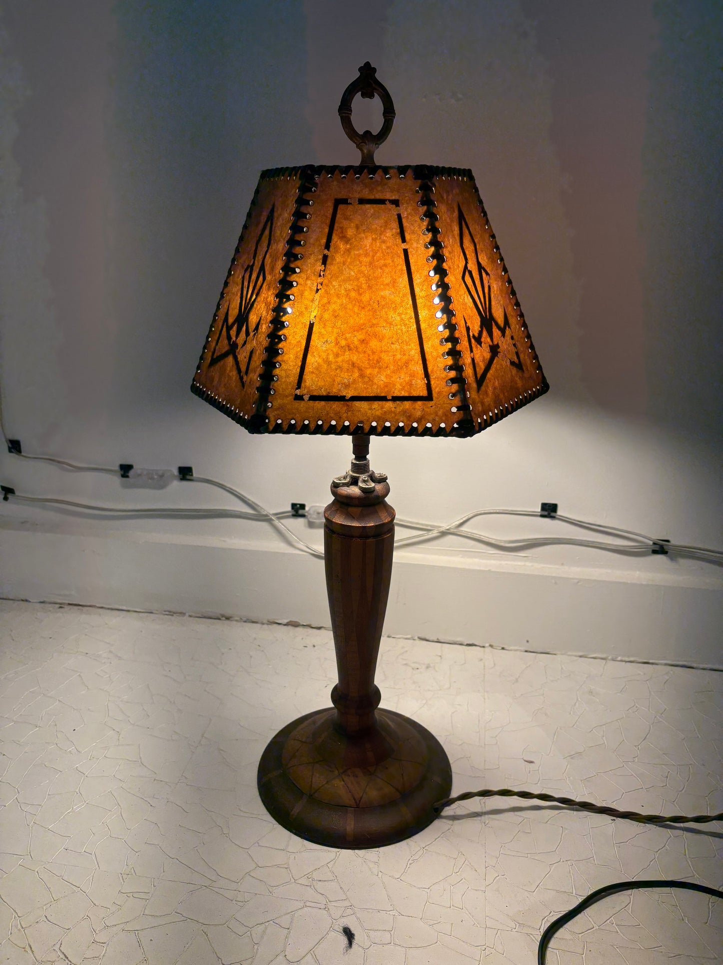 1940s Parquetry Table Lamp with 1920s Mica Shade (FREE SHIPPING)