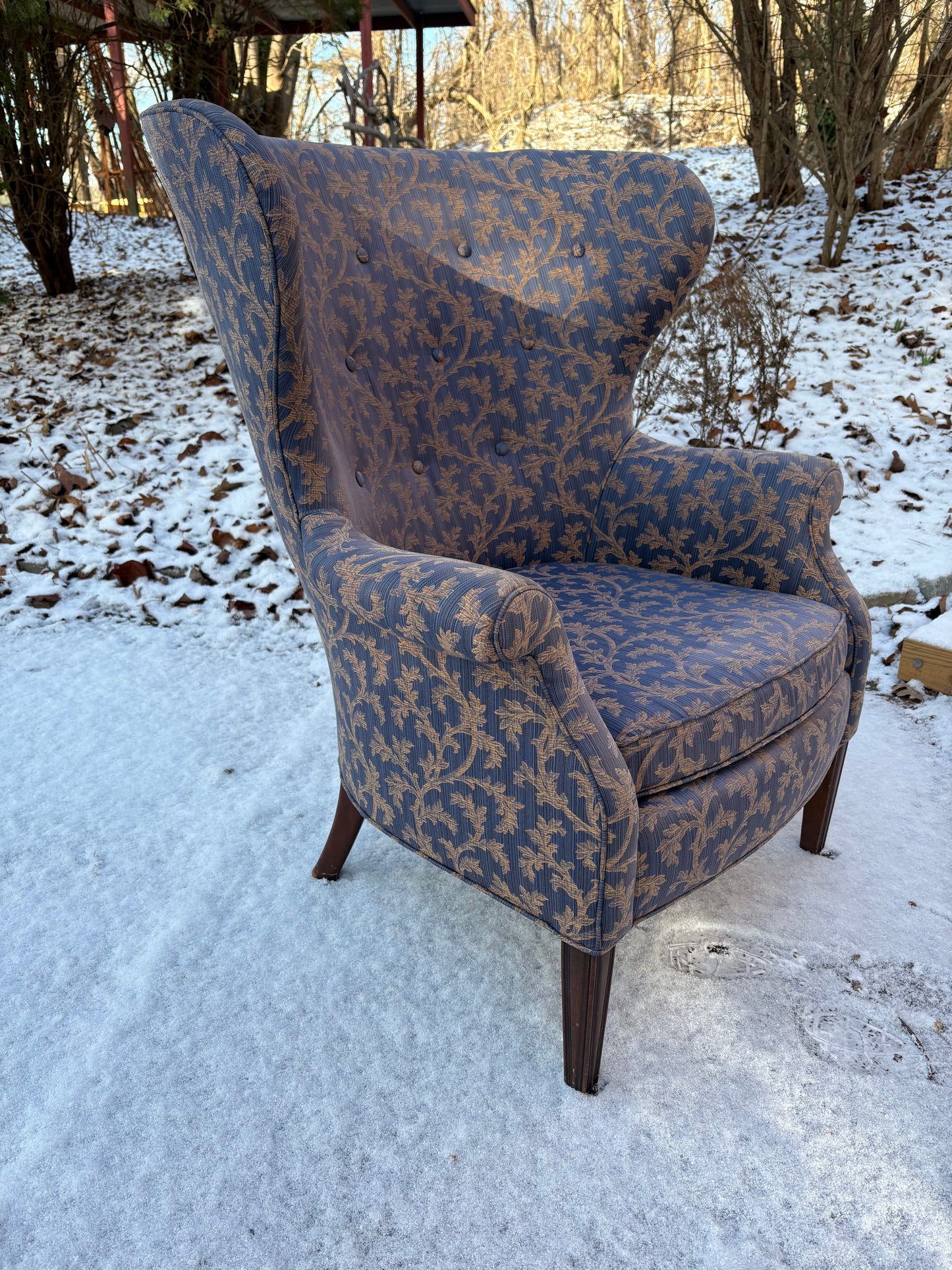 1960s Butterfly Wingback Chair Upholstered in Periwinkle Silk Fabric