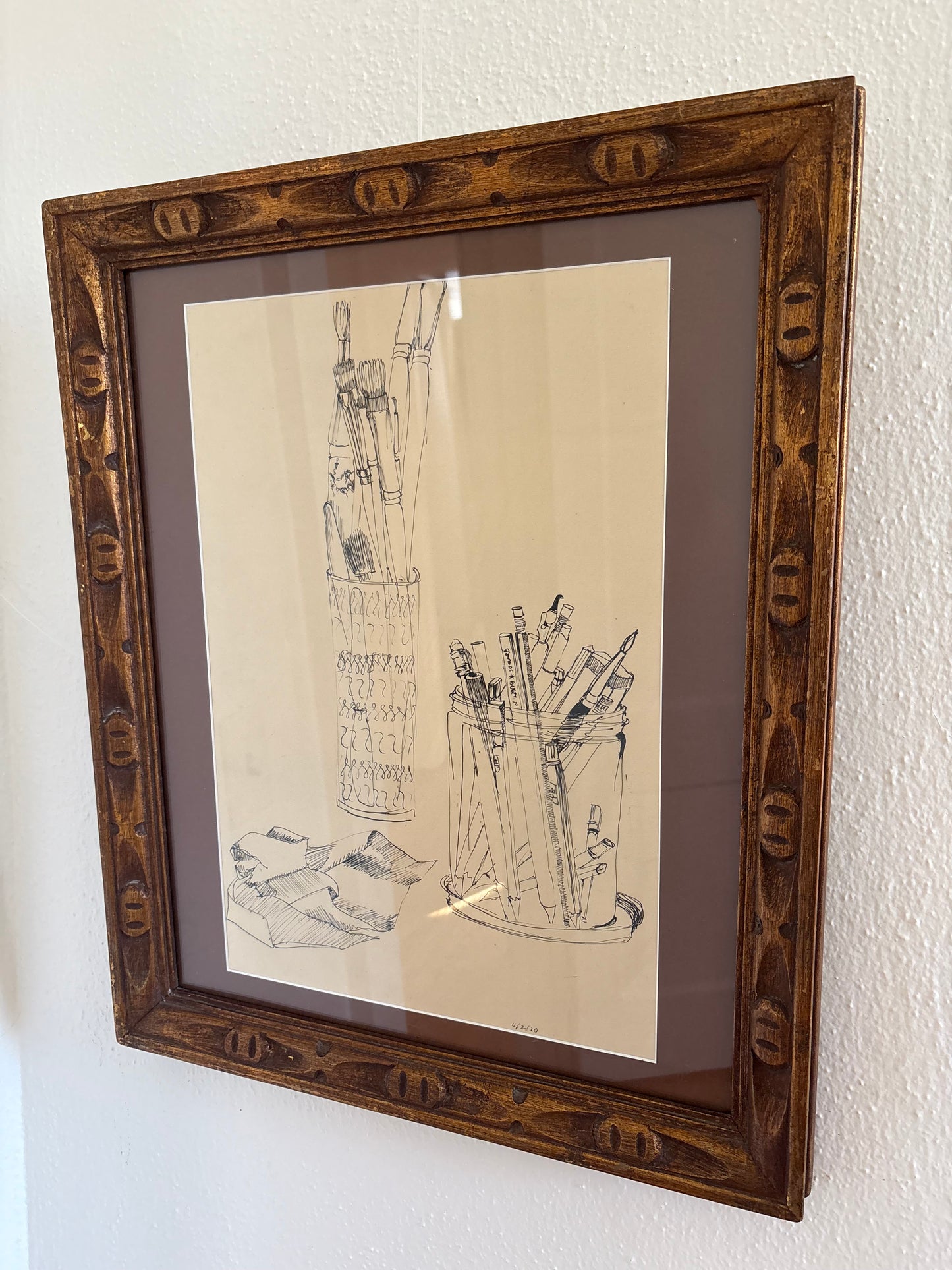 Ink Drawing of Artist Items in Vintage Frame (FREE SHIPPING)