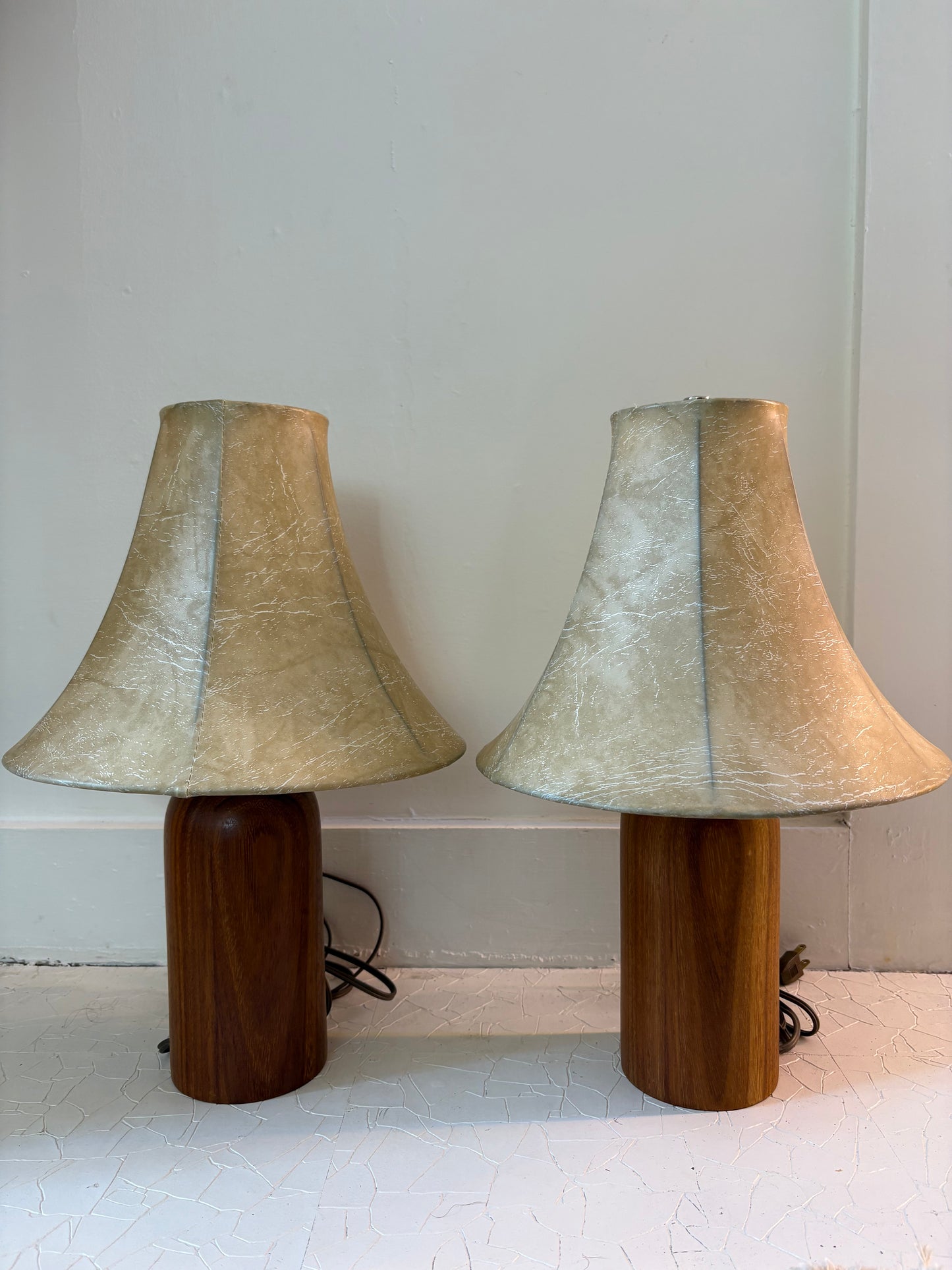 Pair of Mid Century Turned Teak Lamps with Original Shades (FREE SHIPPING)