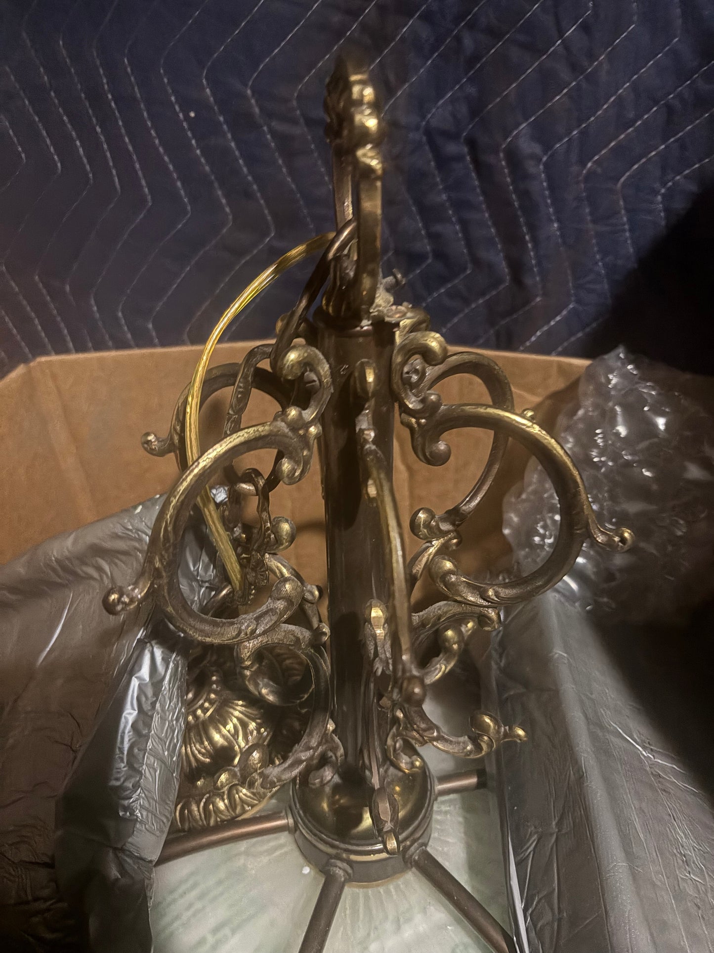 1920s/30s Frosted Glass Dome Chandelier with Brass Crown Detailing and Pink Blown Glass Beads (FREE SHIPPING)