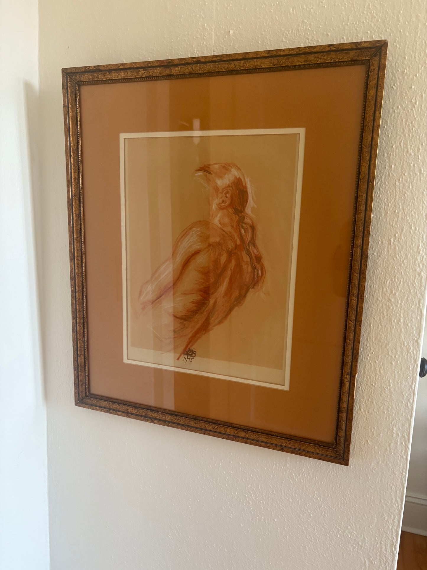 Original Pastel Figure Drawing Double Matted in Gold Frame (FREE SHIPPING)
