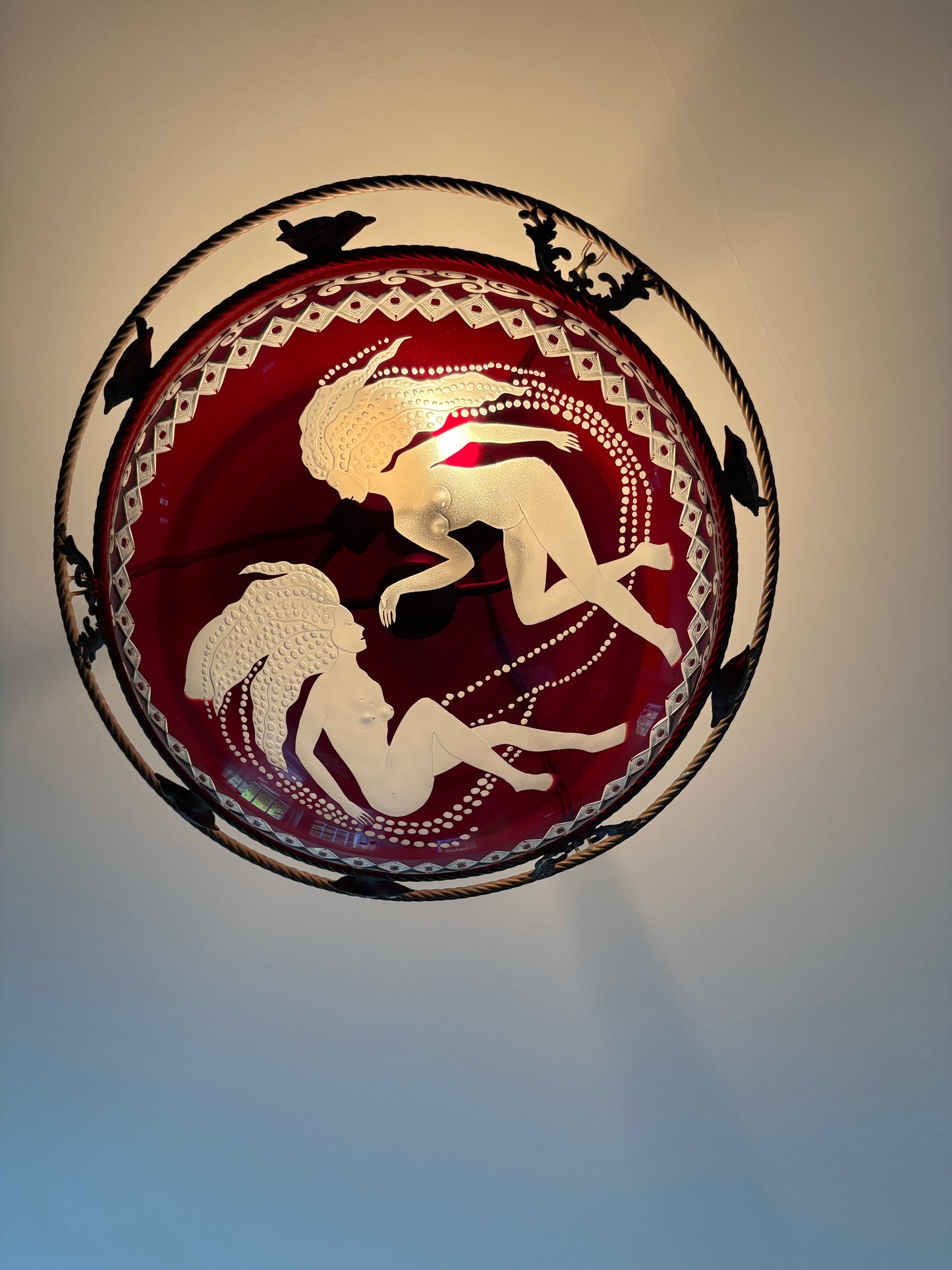 Custom Engraved Glass Flycatcher Pendant Light Reminiscent of René Lalique (FREE SHIPPING)