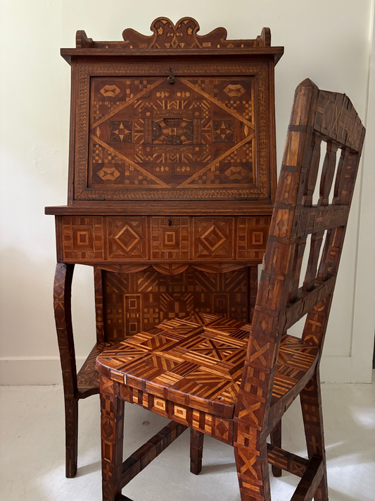 Antique American Marquetry Desk, Chair and Inner Box