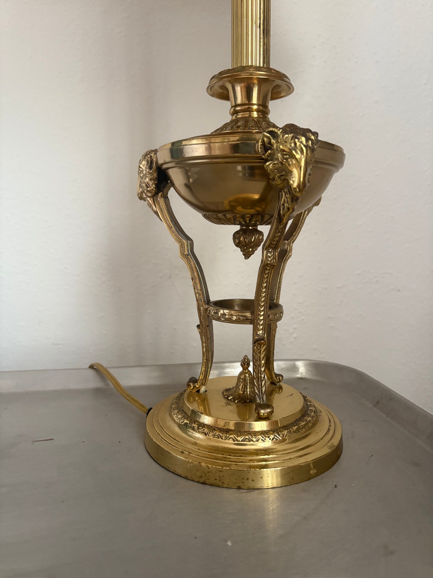 1960s Hollywood Regency Brass Ram Lamp with Silk Striped Shade (FREE SHIPPING)