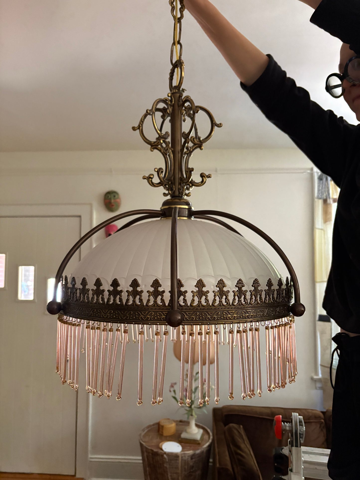 1920s/30s Frosted Glass Dome Chandelier with Brass Crown Detailing and Pink Blown Glass Beads (FREE SHIPPING)