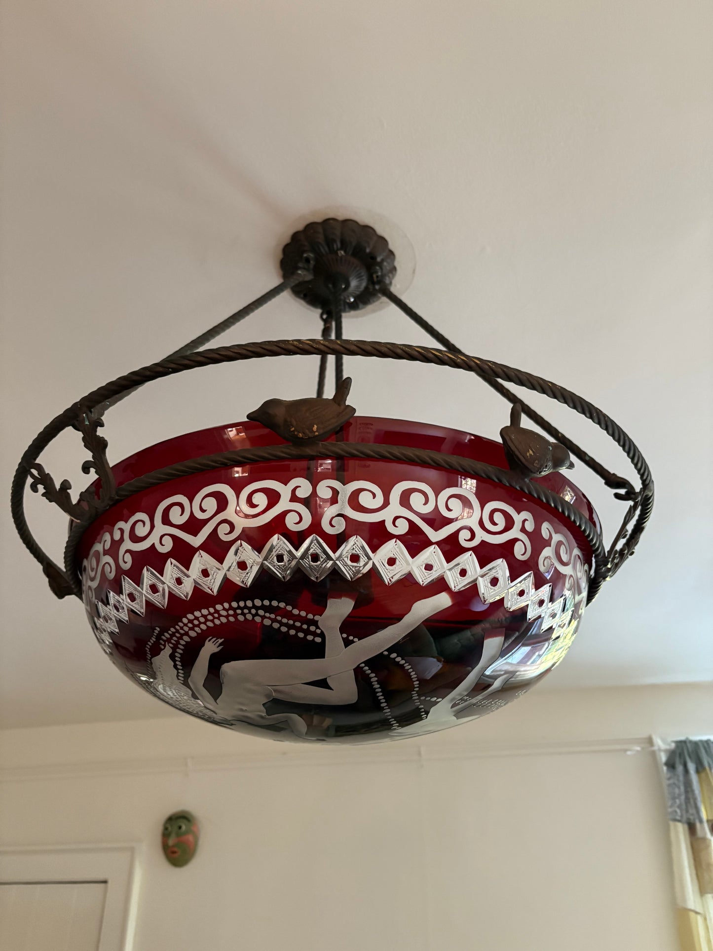 Custom Engraved Glass Flycatcher Pendant Light Reminiscent of René Lalique (FREE SHIPPING)