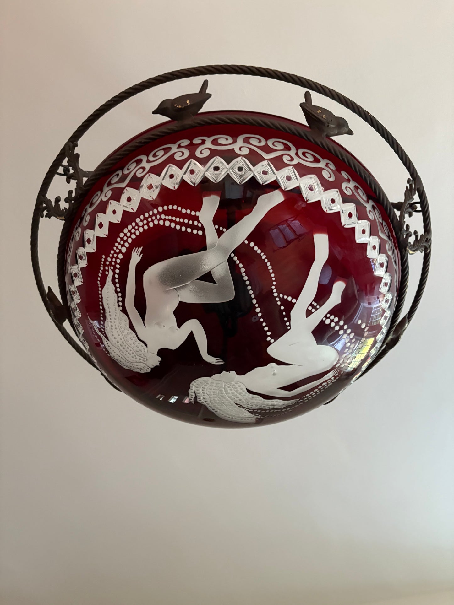 Custom Engraved Glass Flycatcher Pendant Light Reminiscent of René Lalique (FREE SHIPPING)