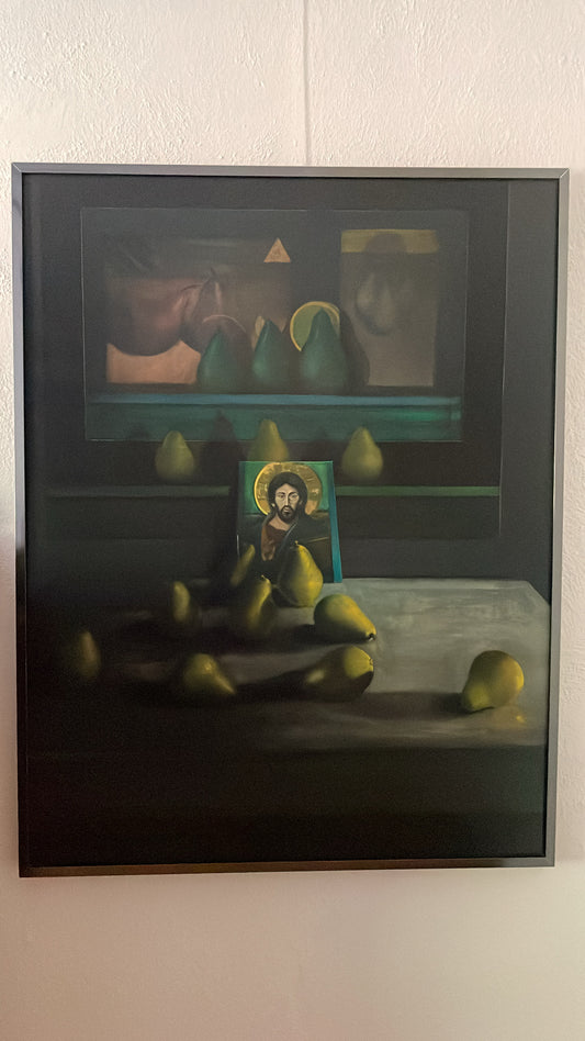 Framed Oil Painting on Gessoed Masonite- Altar with Pears