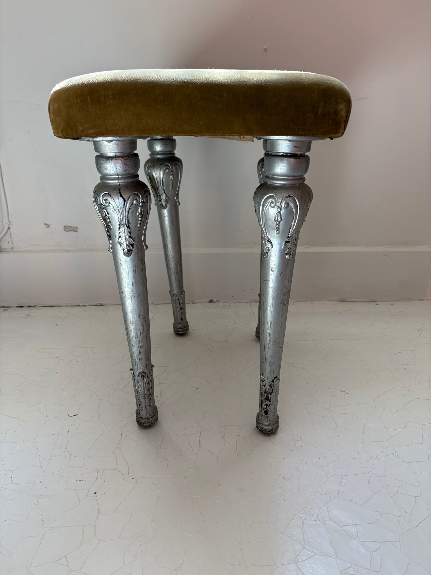 1920s Antique Silvered Cast Iron and Chartreuse Velvet Stool (FREE SHIPPING)
